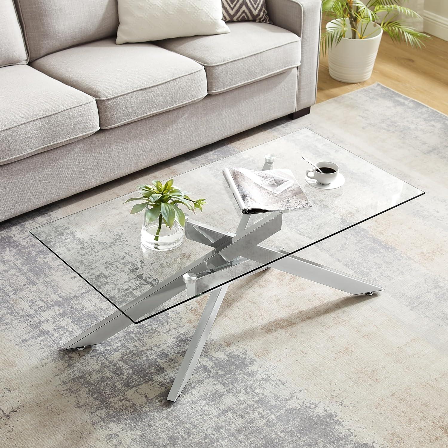 Rectangular Silver Glass Coffee Table with Metal Legs