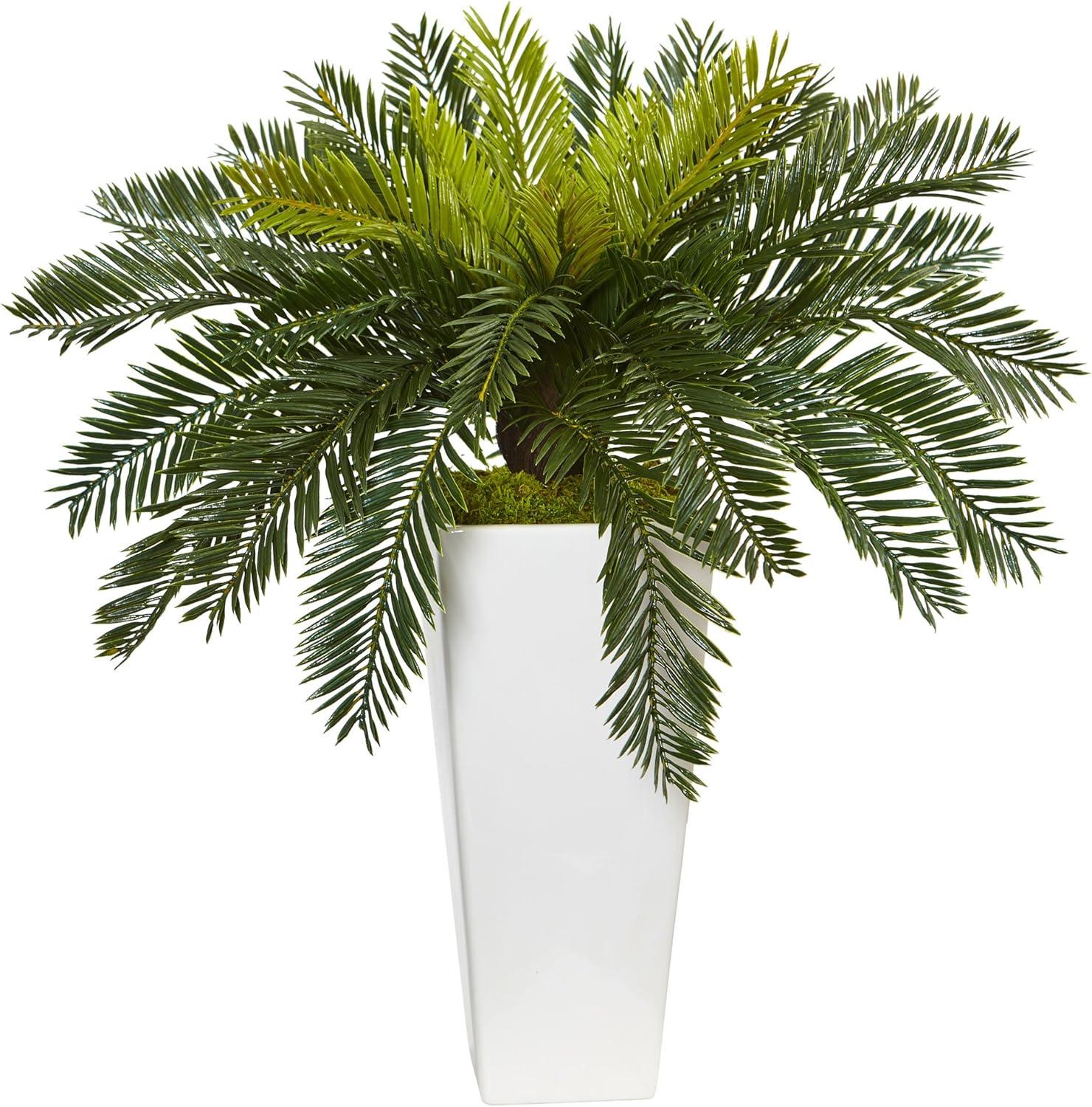 Nearly Natural 23-in Cycas in White Planter