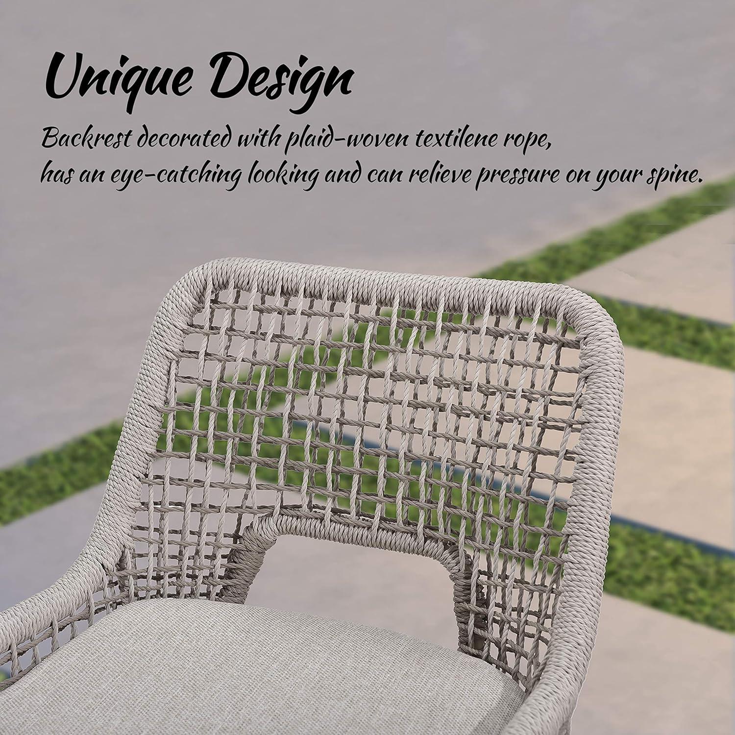 Beige and Gray Woven Rope Outdoor Bar Stools with Cushions, Set of 2