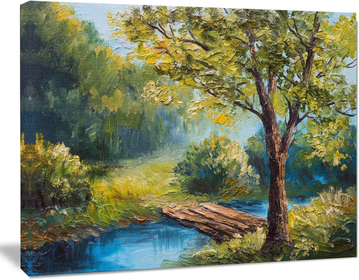 Summer Forest with Beautiful River Landscape Painting Print on Wrapped Canvas