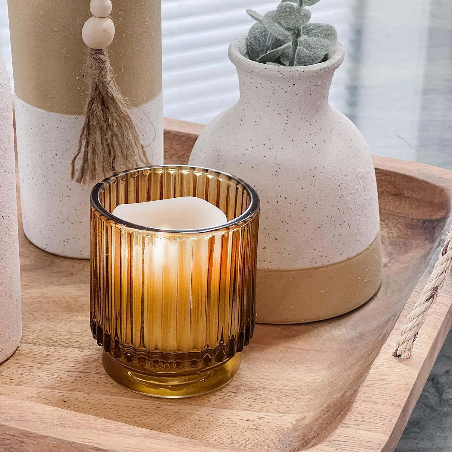 Ribbed Amber Glass Tealight Candle Holders Set of 6