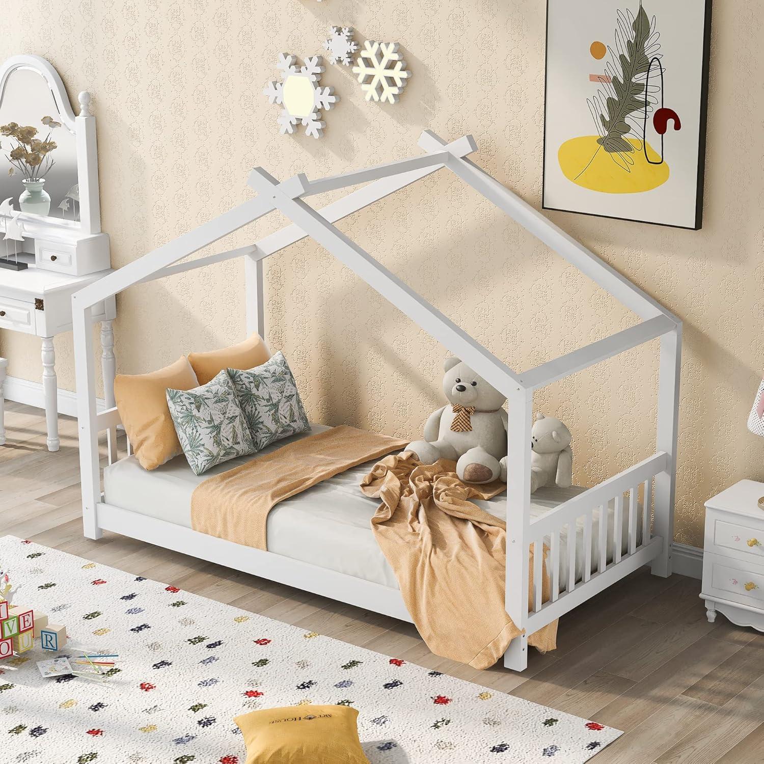 Harper & Bright Designs Twin House Bed for Kids, Floor Frame With Headboard and Footboard, Wooden Montessori Bed for Girls, Boys, White
