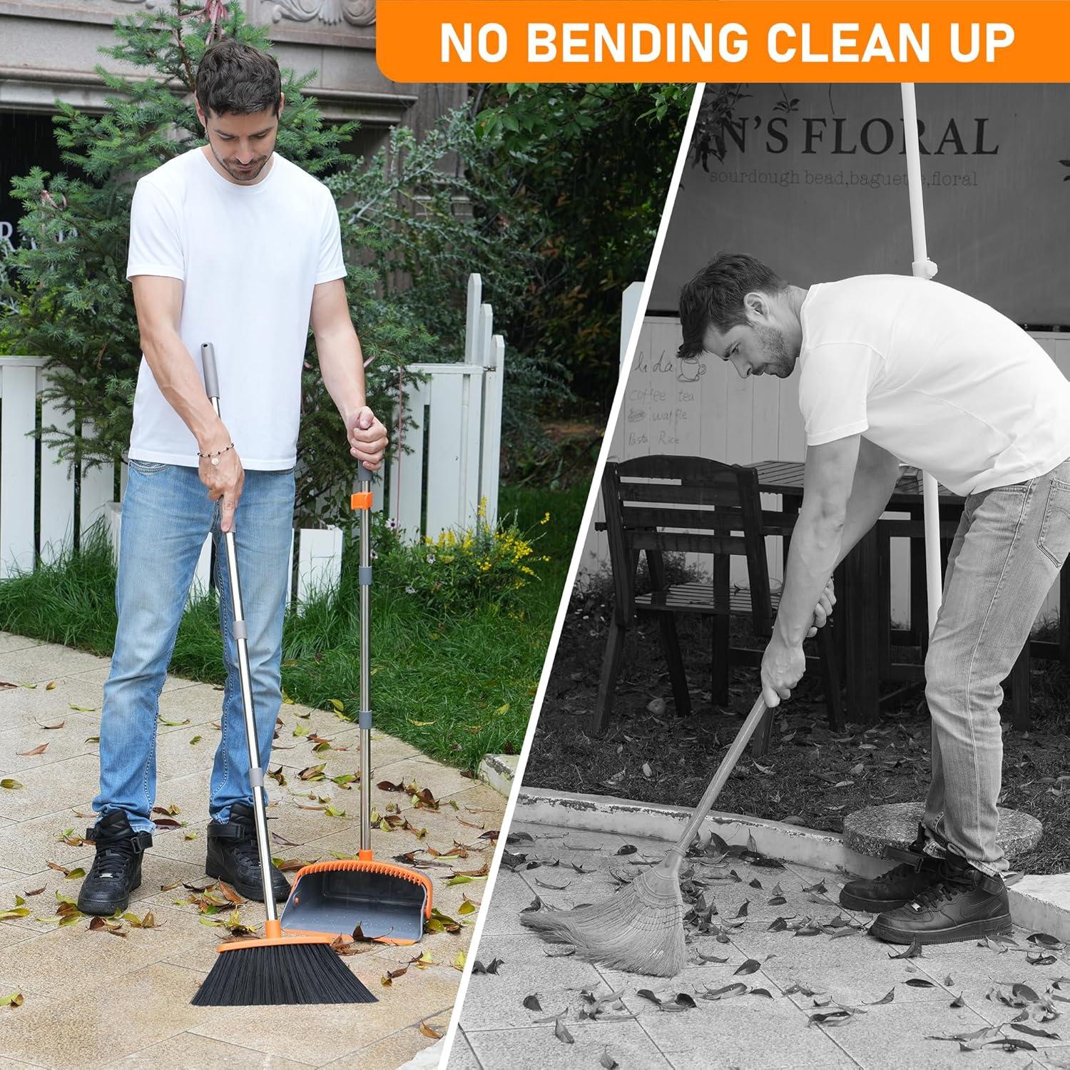 Adjustable Stainless Steel Broom and Dustpan Set with Orange Handle