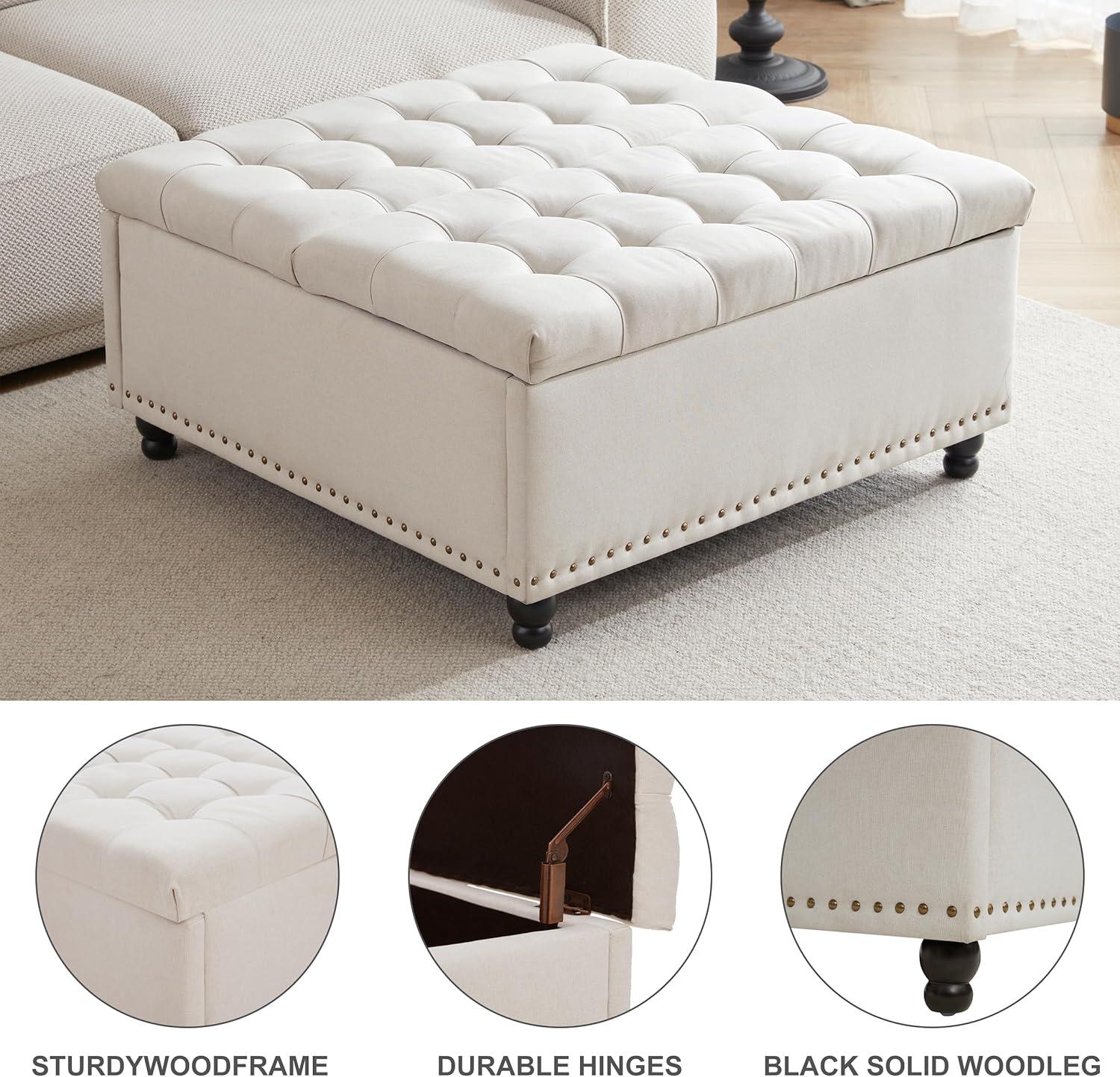 Beige Tufted Upholstered Square Storage Ottoman Bench