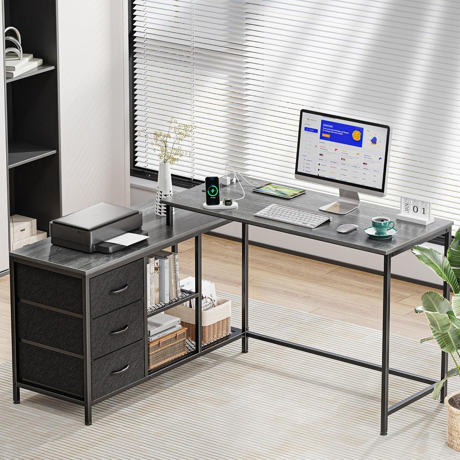 Gray L-Shaped Computer Desk with Drawers and Power Outlets