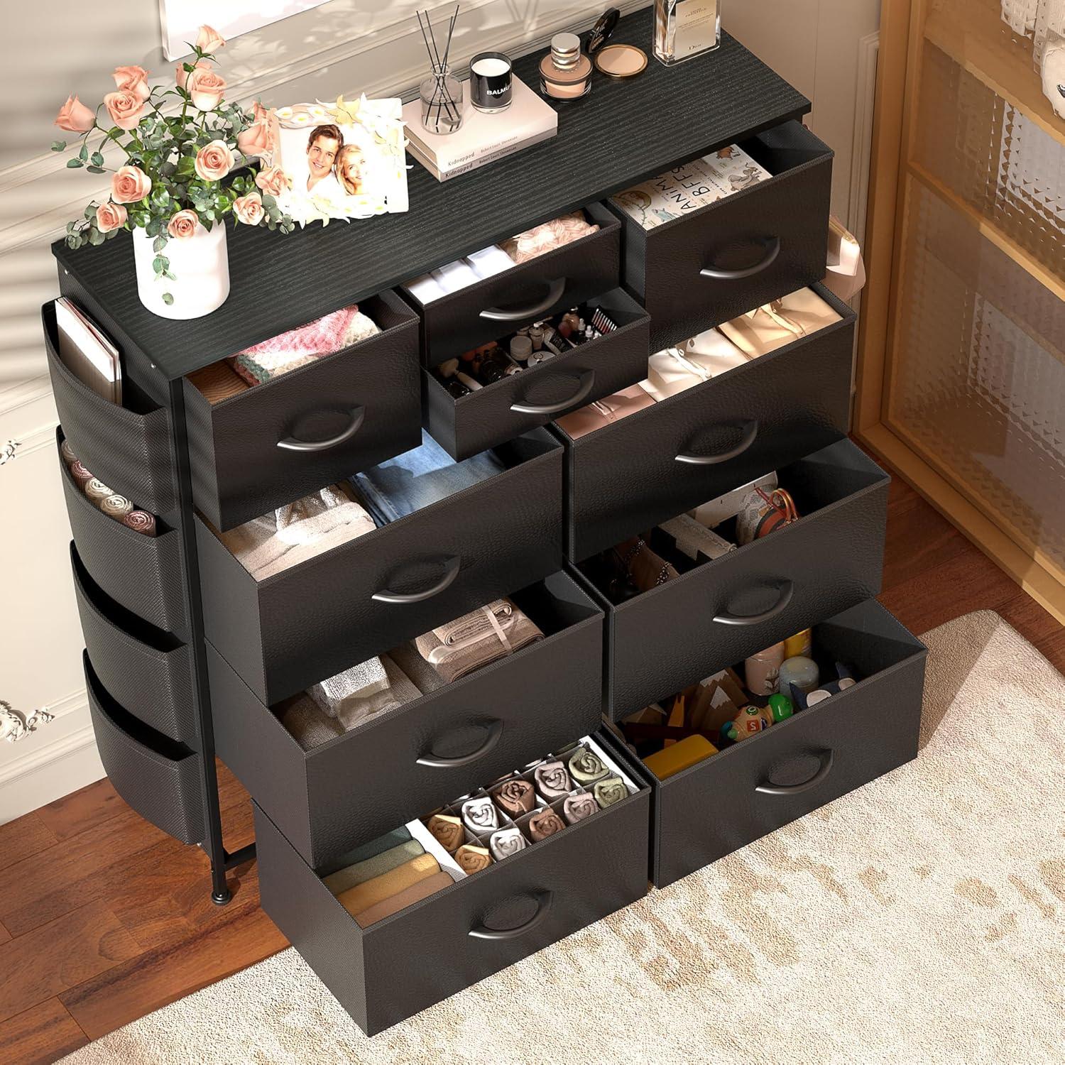 Modern 10-Drawer Fabric Storage Dresser - Tall Chest of Drawers with Steel Frame, Wooden Top, for Bedroom, Closet, Entryway, Black
