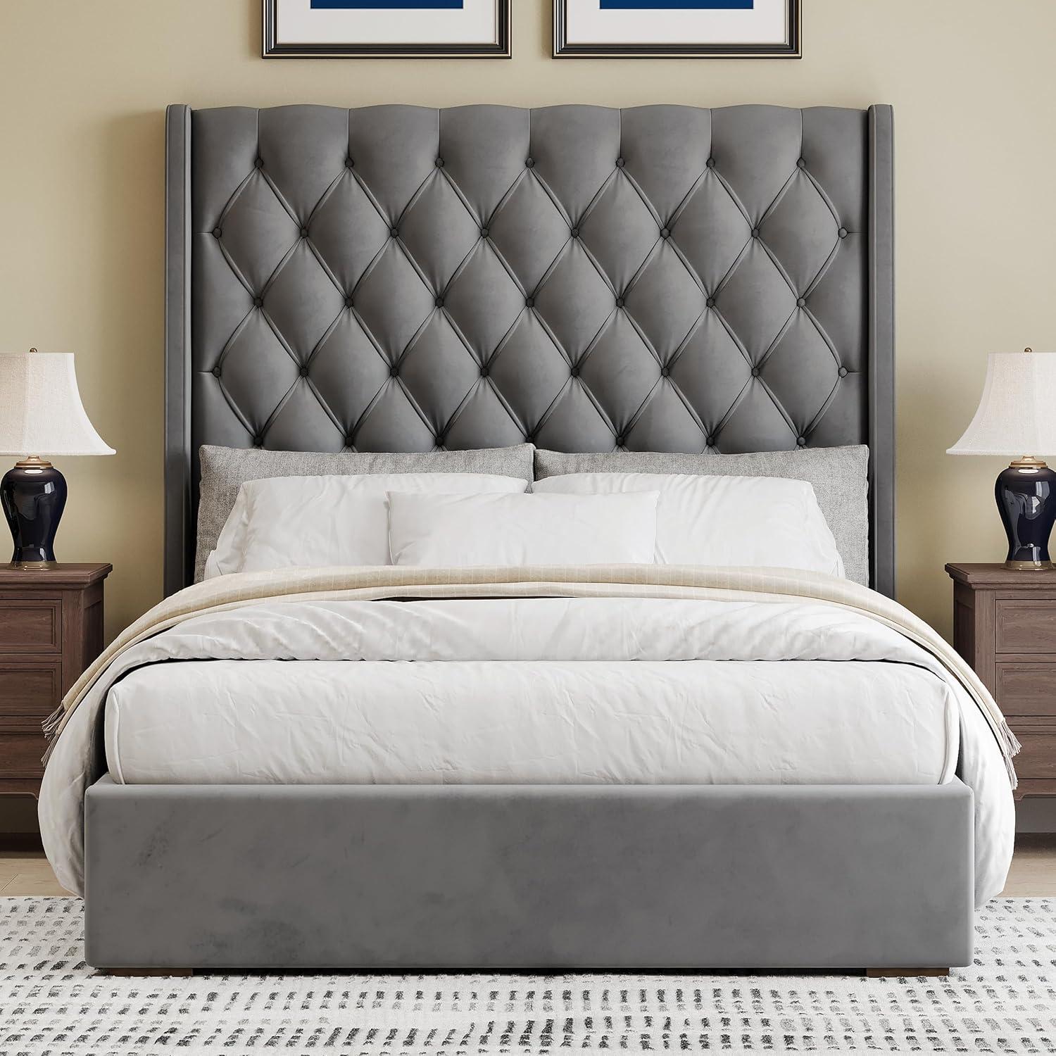 67.5" Tall Headboard Upholstered King Size Bed with Vertical Striped and Wingback Design, Box Spring Needed, Linen