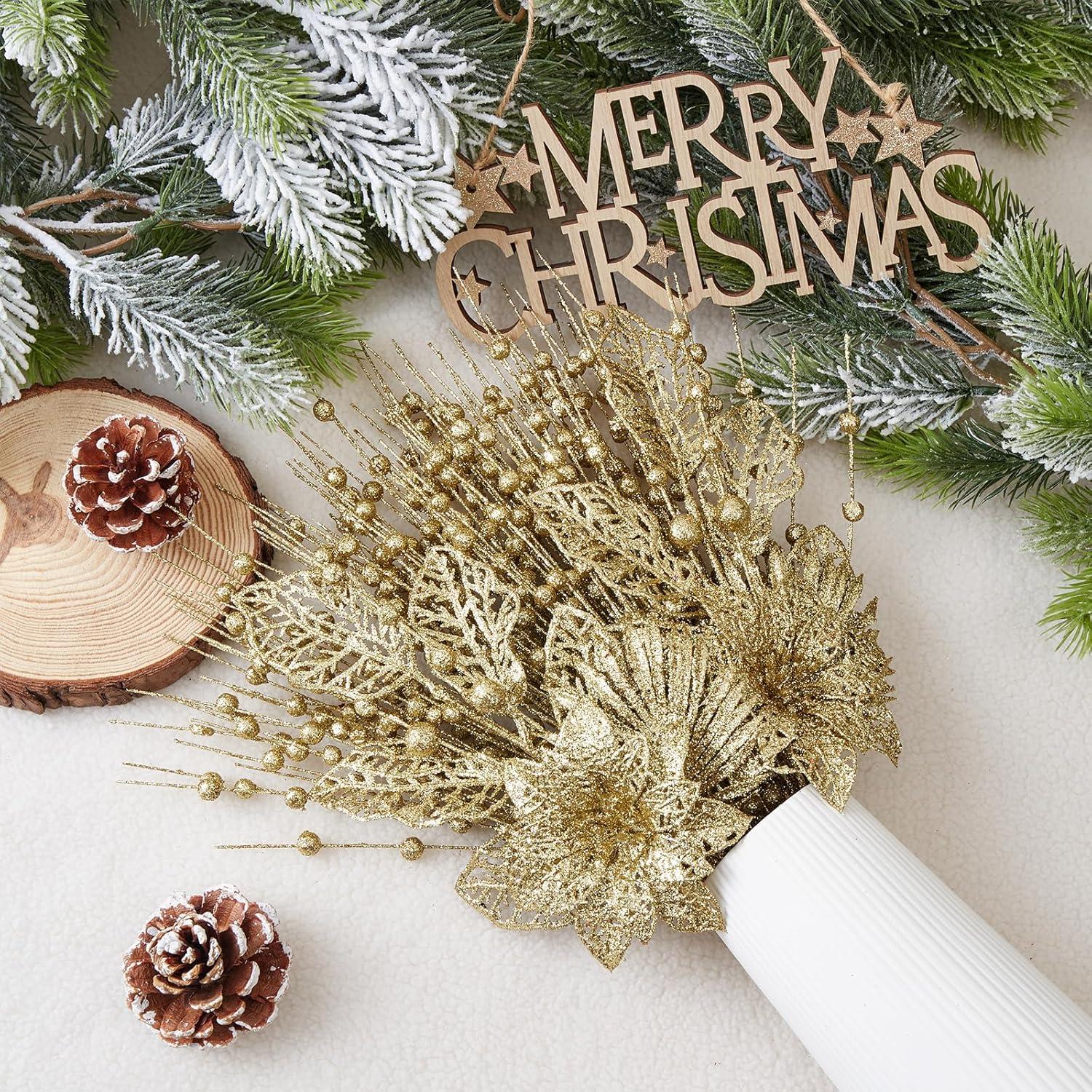 24 Pack Christmas Tree Ornaments - Artificial Flowers Glitter Berry Stems Christmas Floral Picks Branches for Xmas Tree Decorations Vase Filler Holiday Wedding Party Home Decor (Gold)