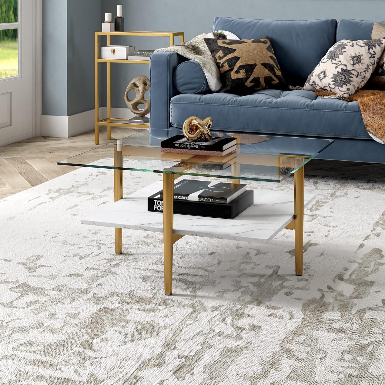 Evelyn&Zoe Otto 32" Wide Square Coffee Table with Faux Marble Shelf, Brass