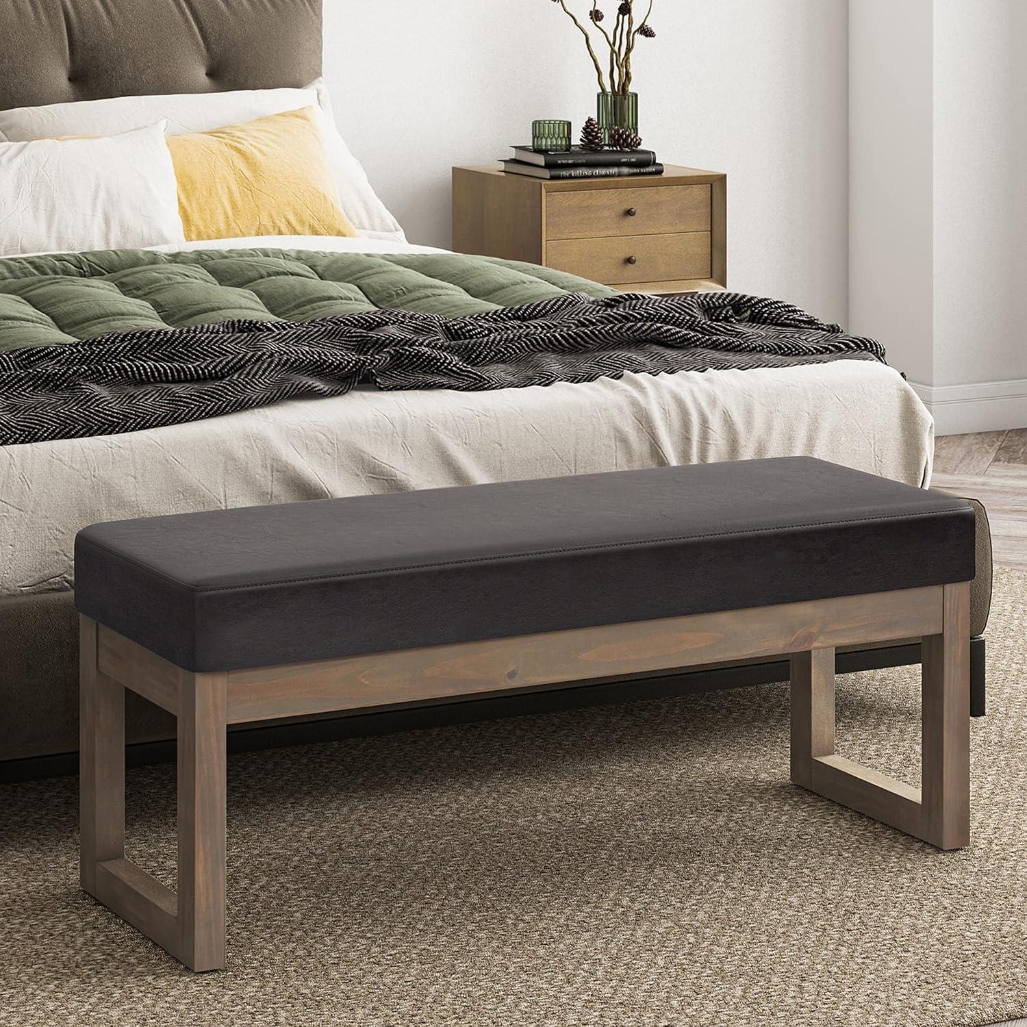 Simpli Home Milltown Ottoman Bench with Upholstered Seat and Solid Wood Frame