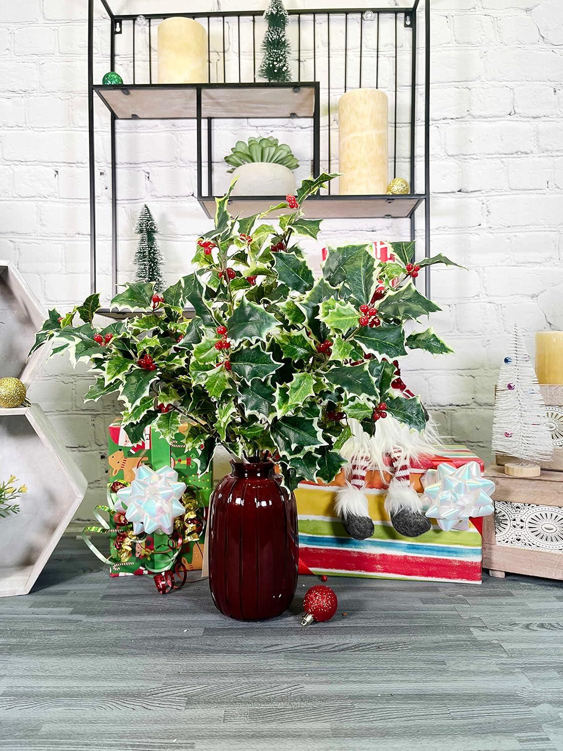 Artificial Holly Leaves Berries Christmas Bush