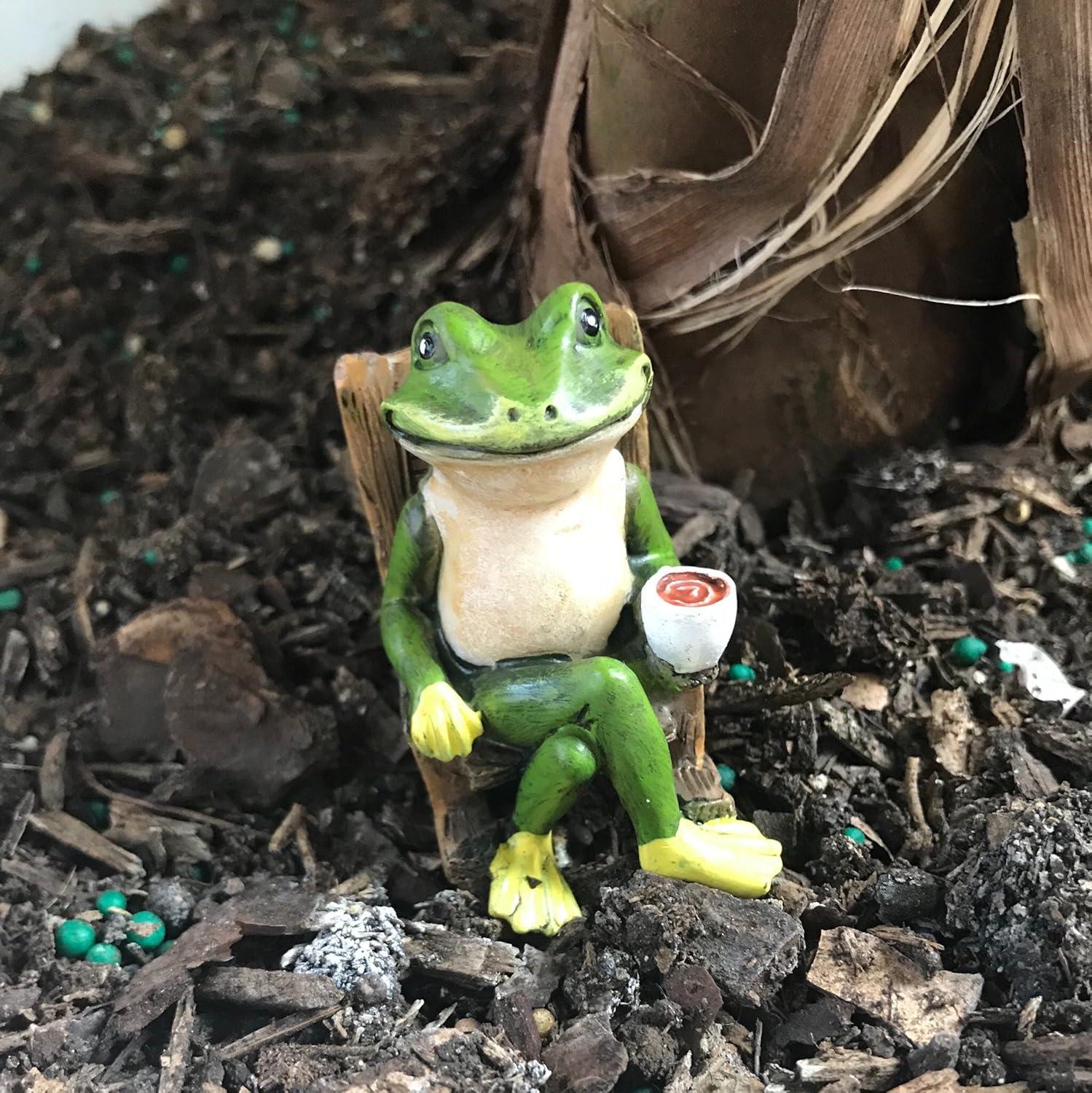 Miniature Green Frog Garden Statue with Coffee Cup