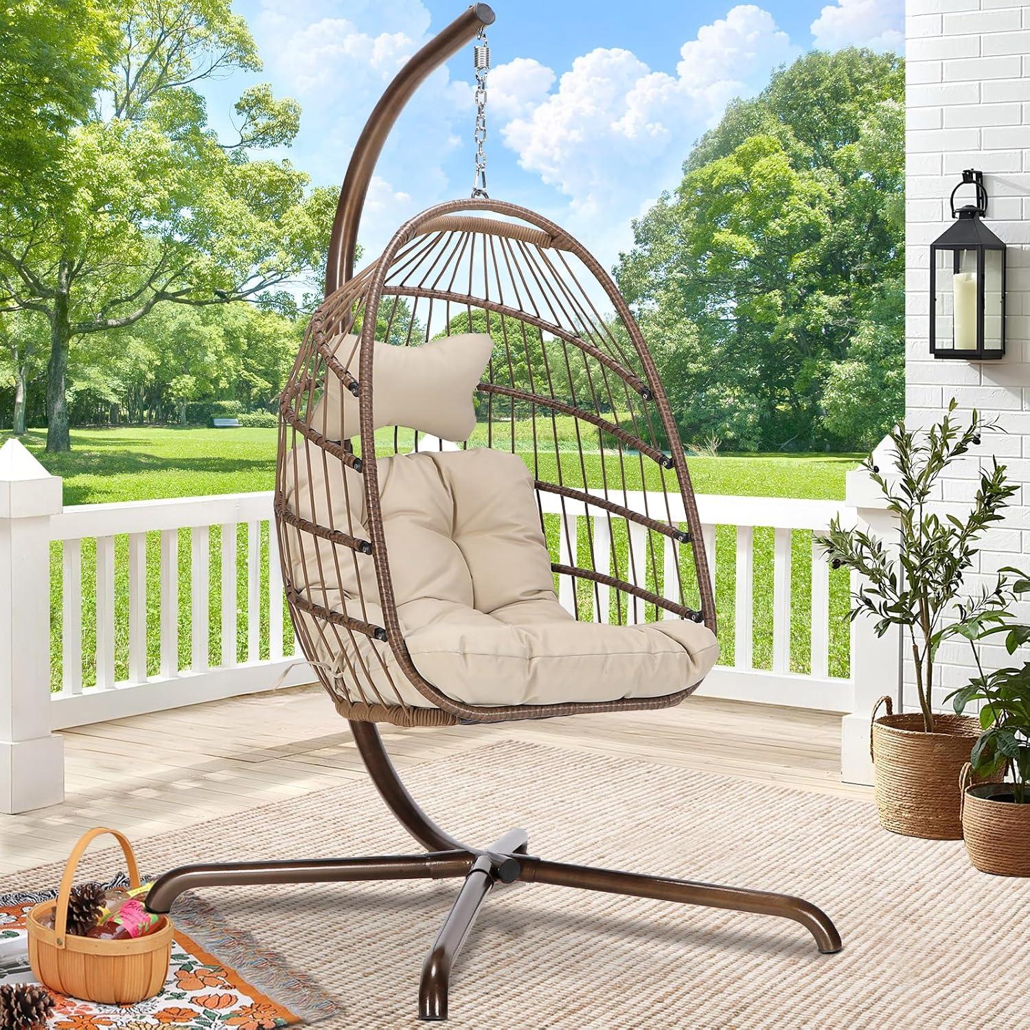 RADIATA Outdoor Foldable Hanging Egg Chair with Stand, PE Wicker Swing Chair with Cushion and Headrest, 350 lbs Capacity, Beige