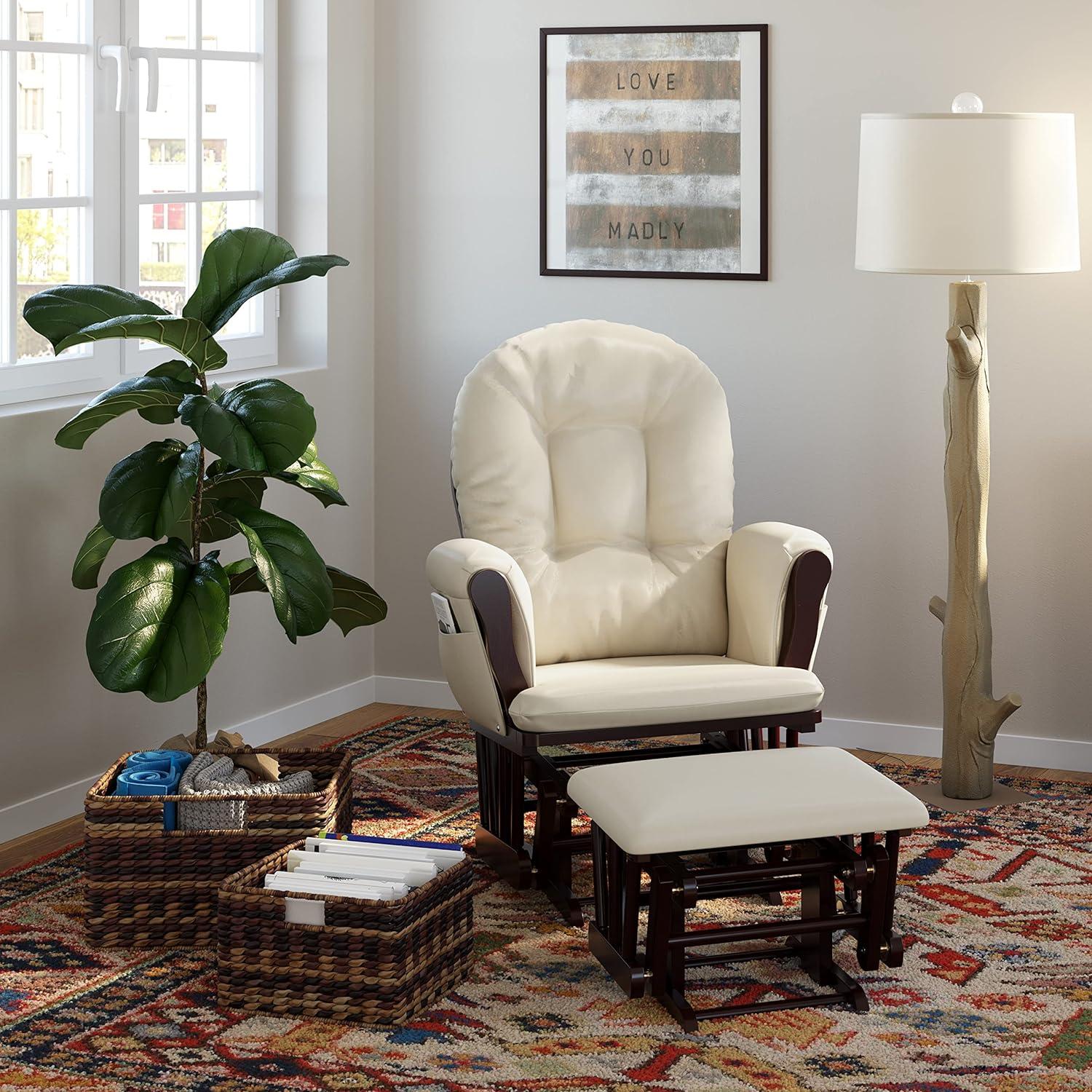 Espresso Wood Glider Chair and Ottoman with Beige Cushions