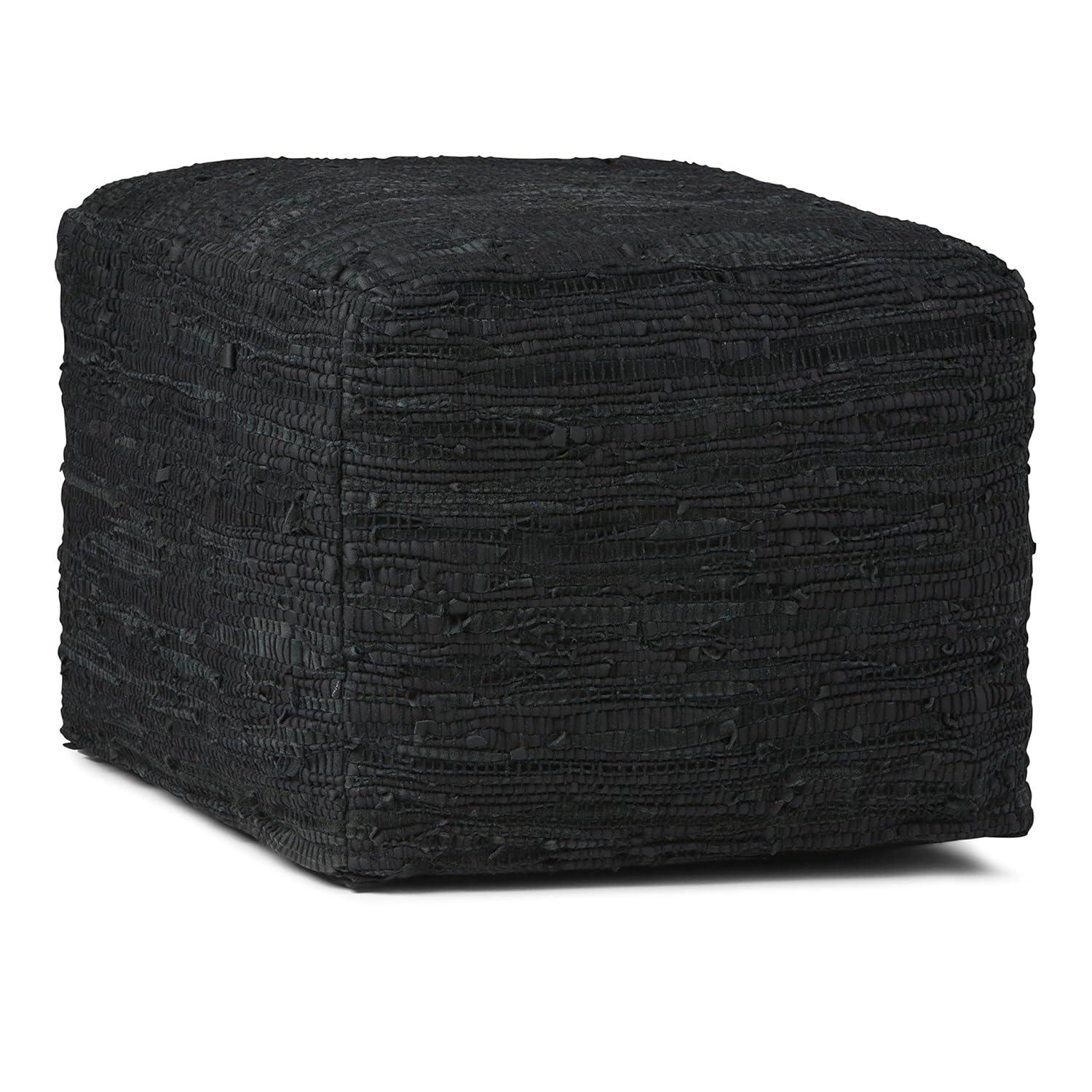 Fredrik Hand-Braided Black Leather Square Pouf Ottoman