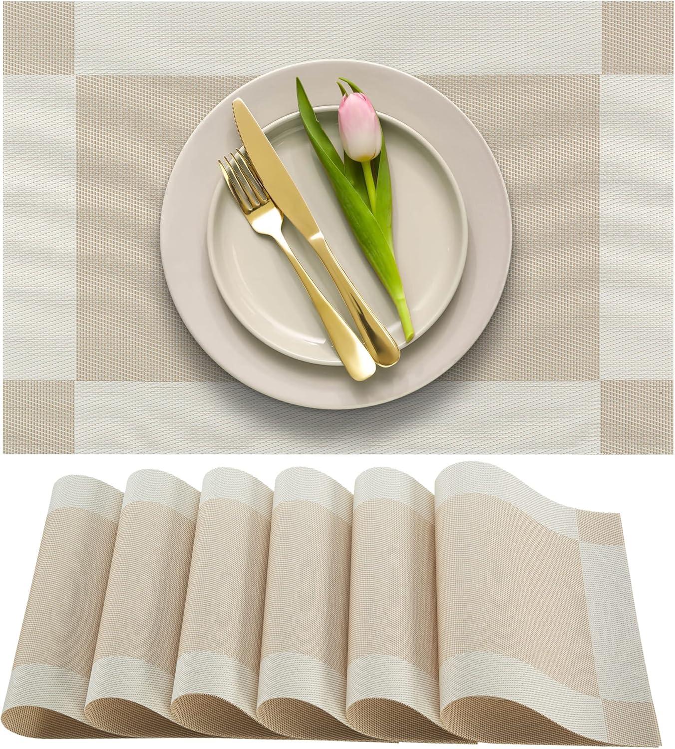 More Décor Dining Table Placemats, Washable Heat-Resistant PVC Vinyl Table Mats for Dining Room and Kitchen, Anti-Slip - Set of 6 - Ivory