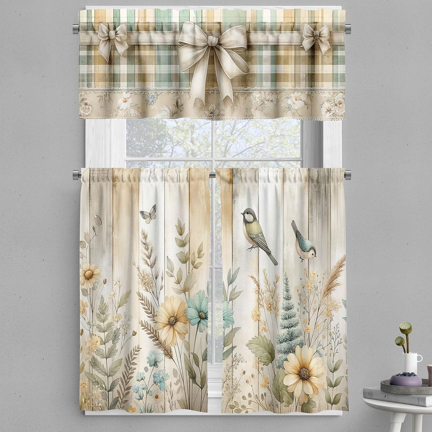 Ecru Seafoam Floral Polyester Kitchen Curtain Set