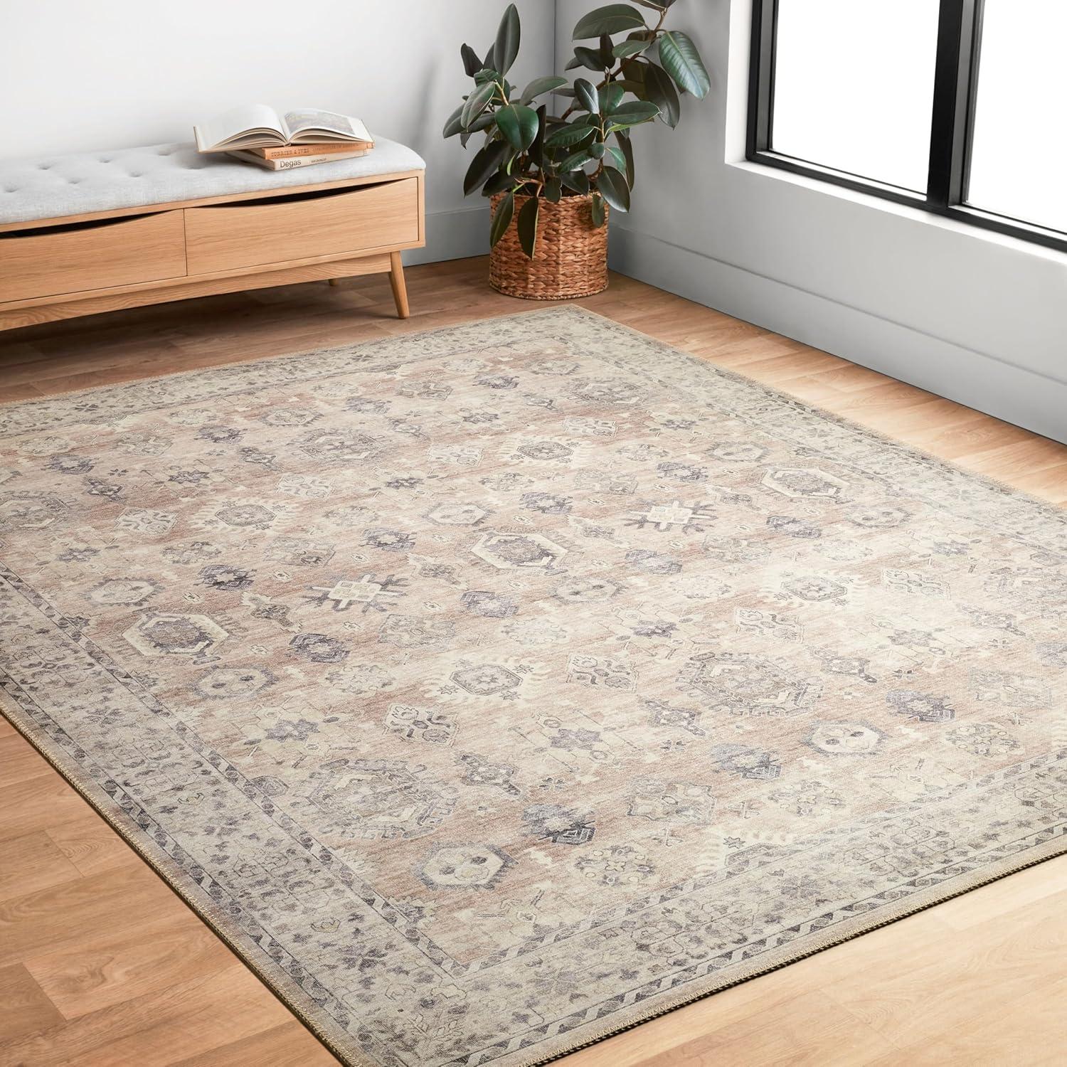 Gray Rectangular Oriental Synthetic Easy Care Rug