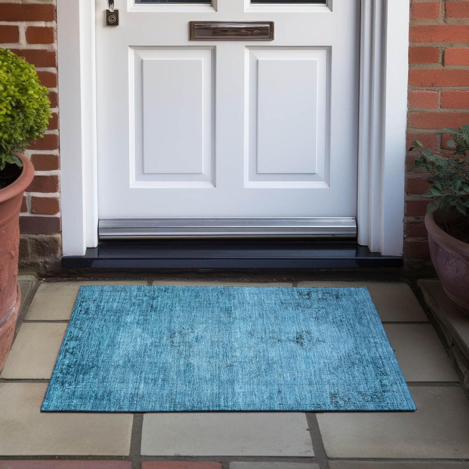 Blue Rectangular Synthetic Flat Woven Indoor Outdoor Rug