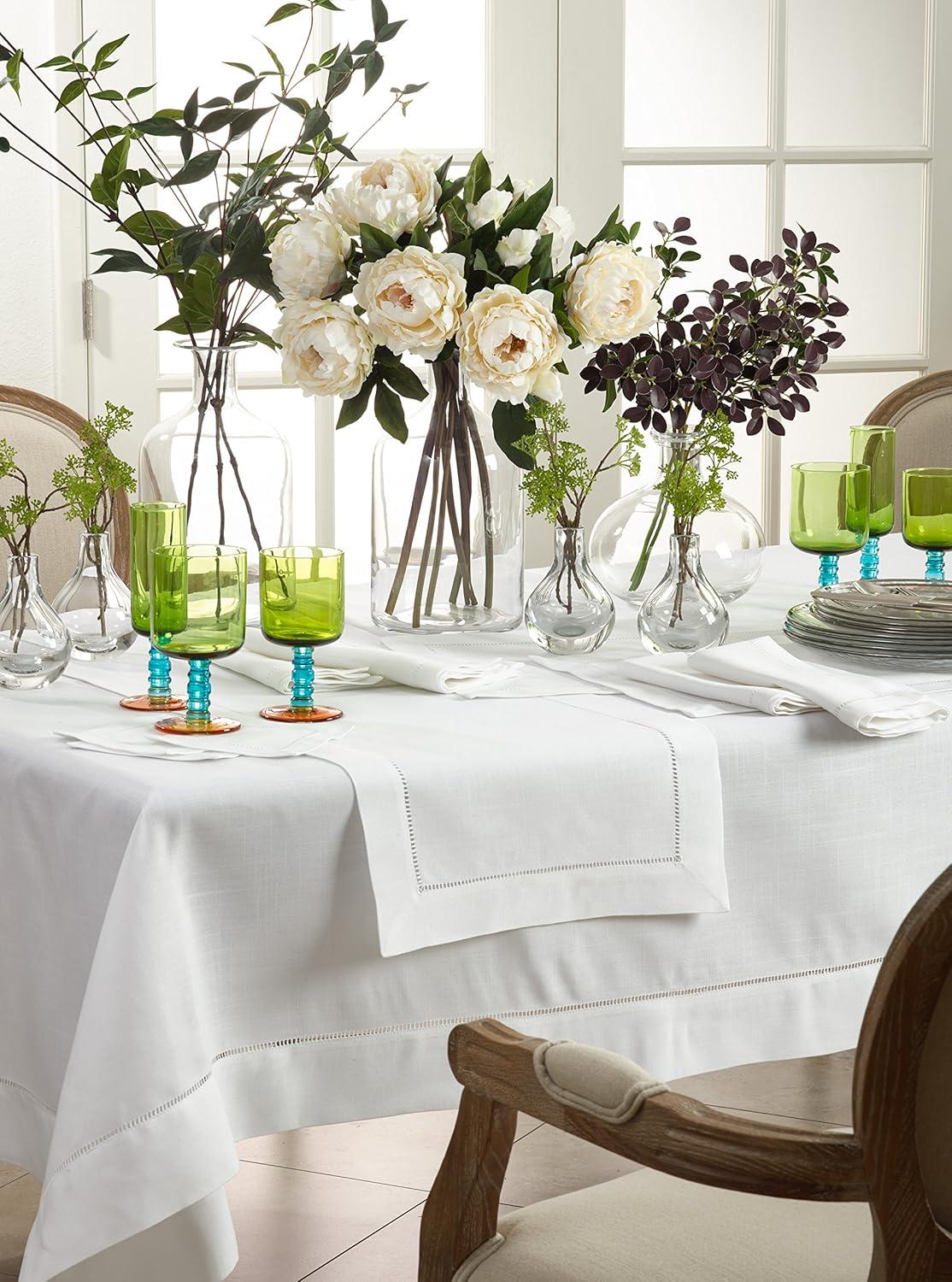 Elegant Rectangular Hemstitched Fabric Tablecloth 70" x 120" White