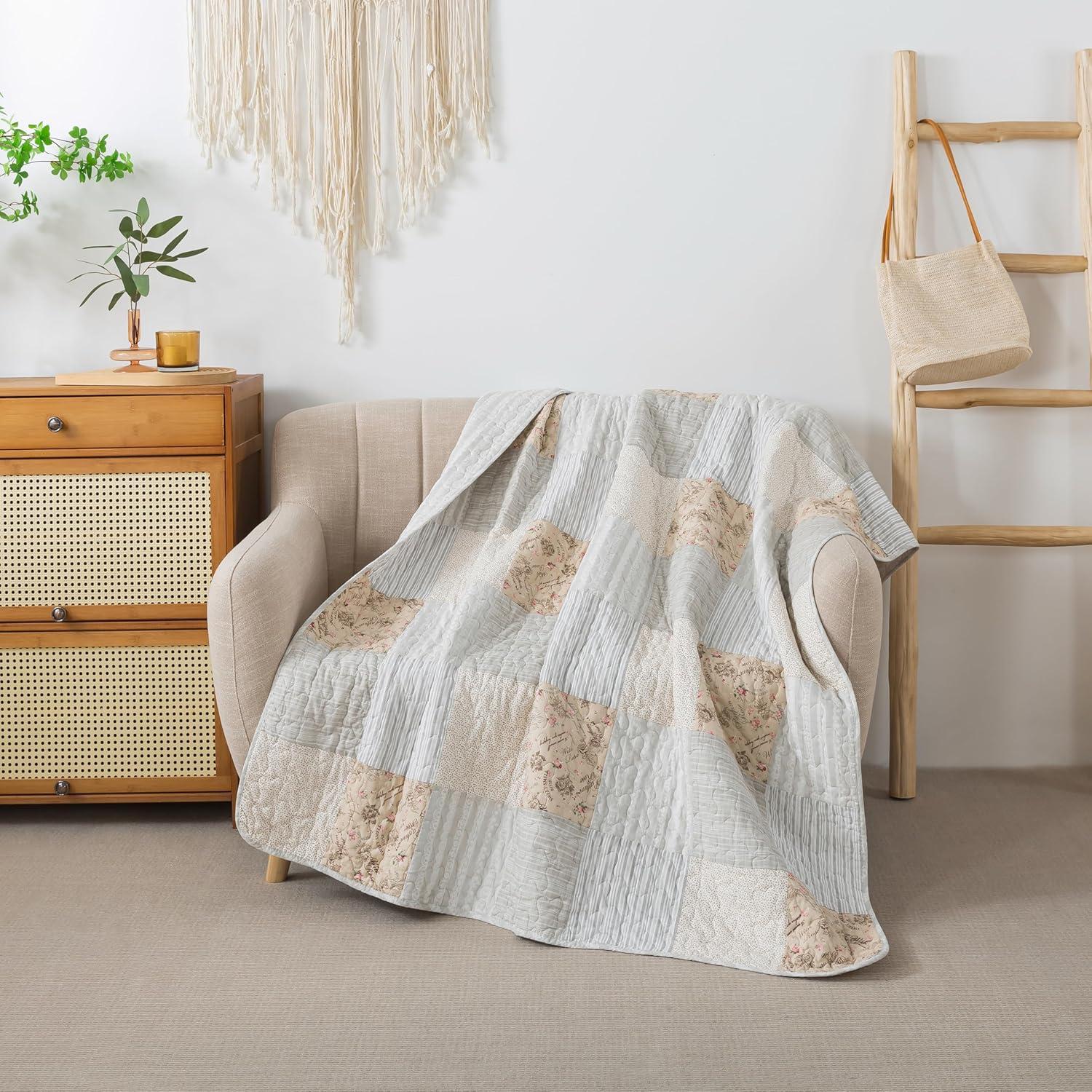 Neutral Tan and Cream Cotton Patchwork Quilted Throw Blanket