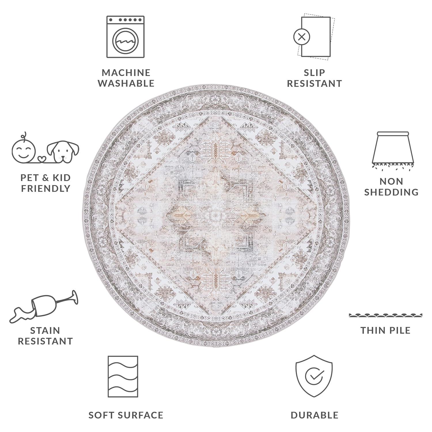 Tucson Vintage Persian TSN102 Power Loomed Machine Washable Skid-Resistant Indoor Accent Rug - Beige/Grey - 4' Round - Safavieh