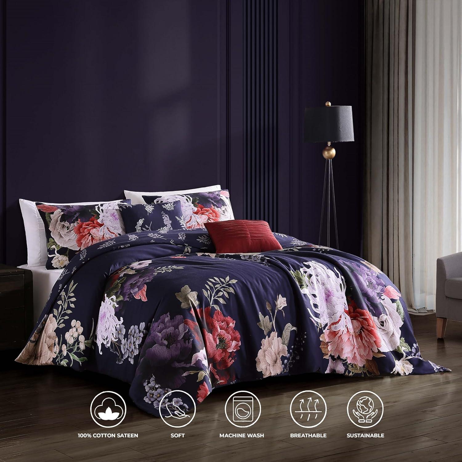 Queen Purple Floral Cotton Reversible Comforter Set