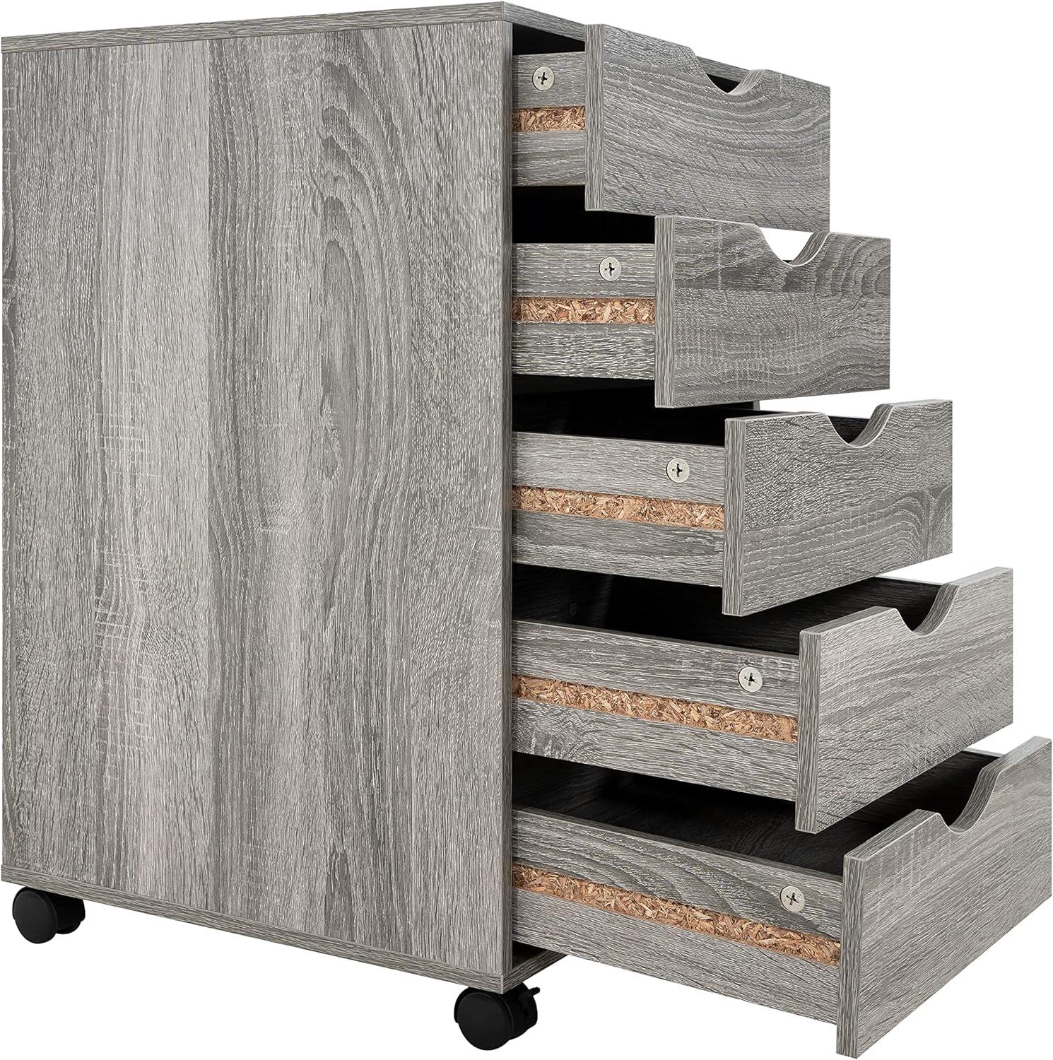 Grey Oak 5-Drawer Office Storage Cabinet with Casters