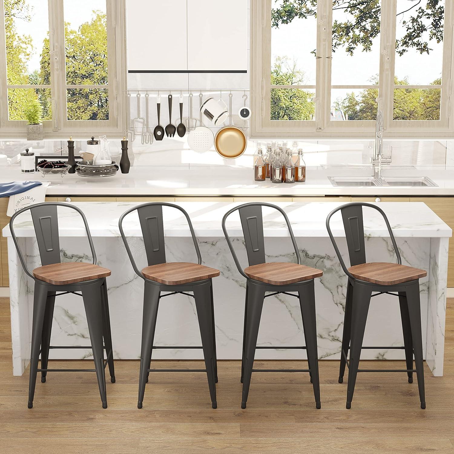 Set of 4 Black Metal and Wood Counter Height Bar Stools