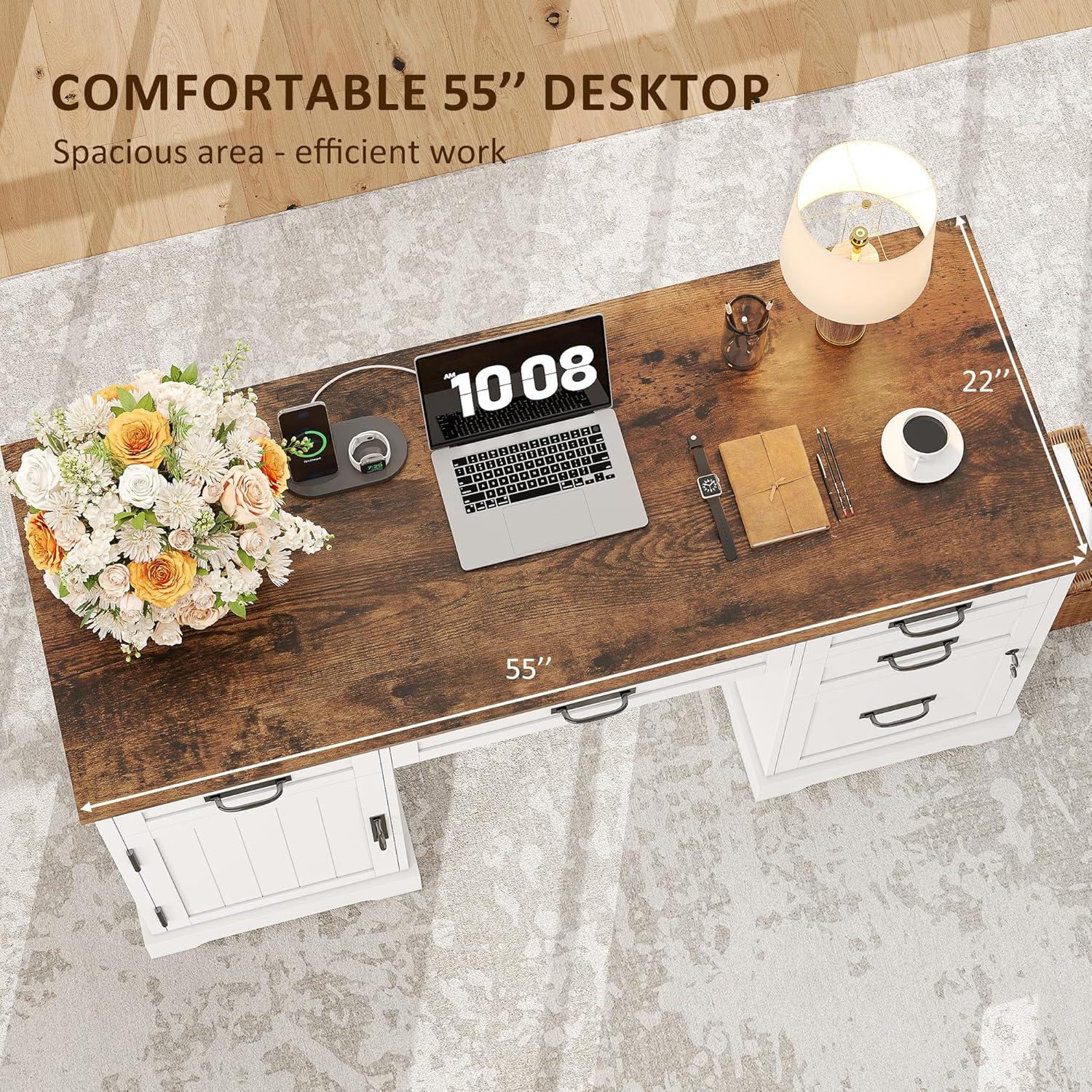August Grove® 55'' Farmhouse Executive Desk with Drawers, File Cabinet and Power Outlets