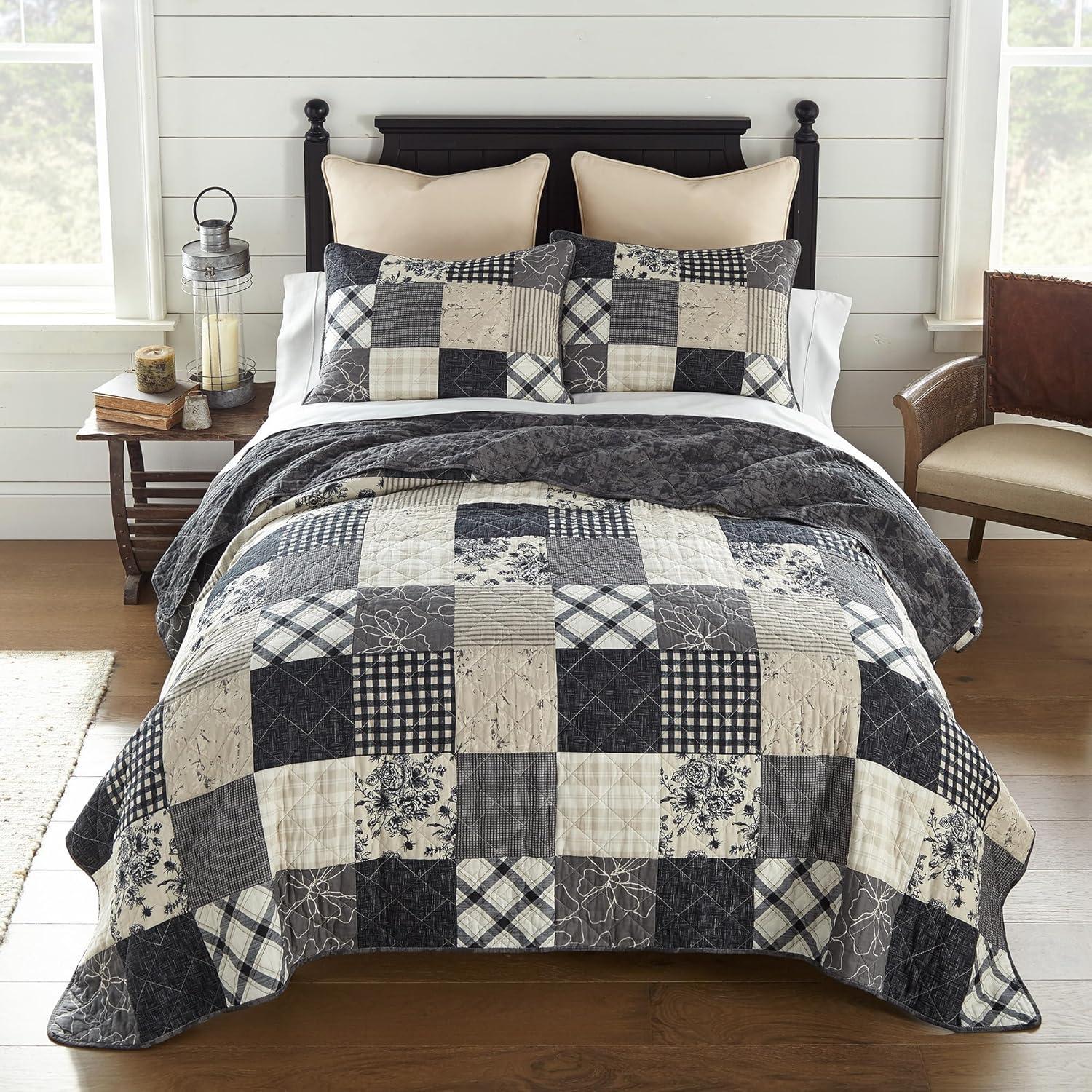 King Black and Beige Cotton Reversible Quilt Set