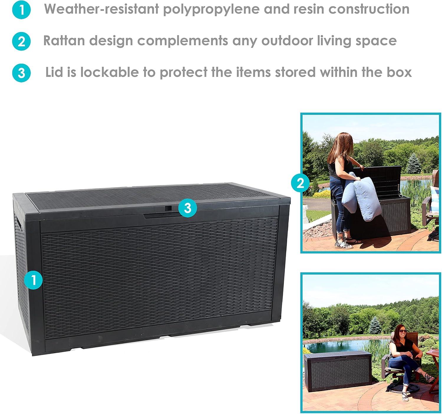 Sunnydaze Outdoor Deck and Patio Storage Box with Rattan Design - 100 Gal. - Phantom Gray