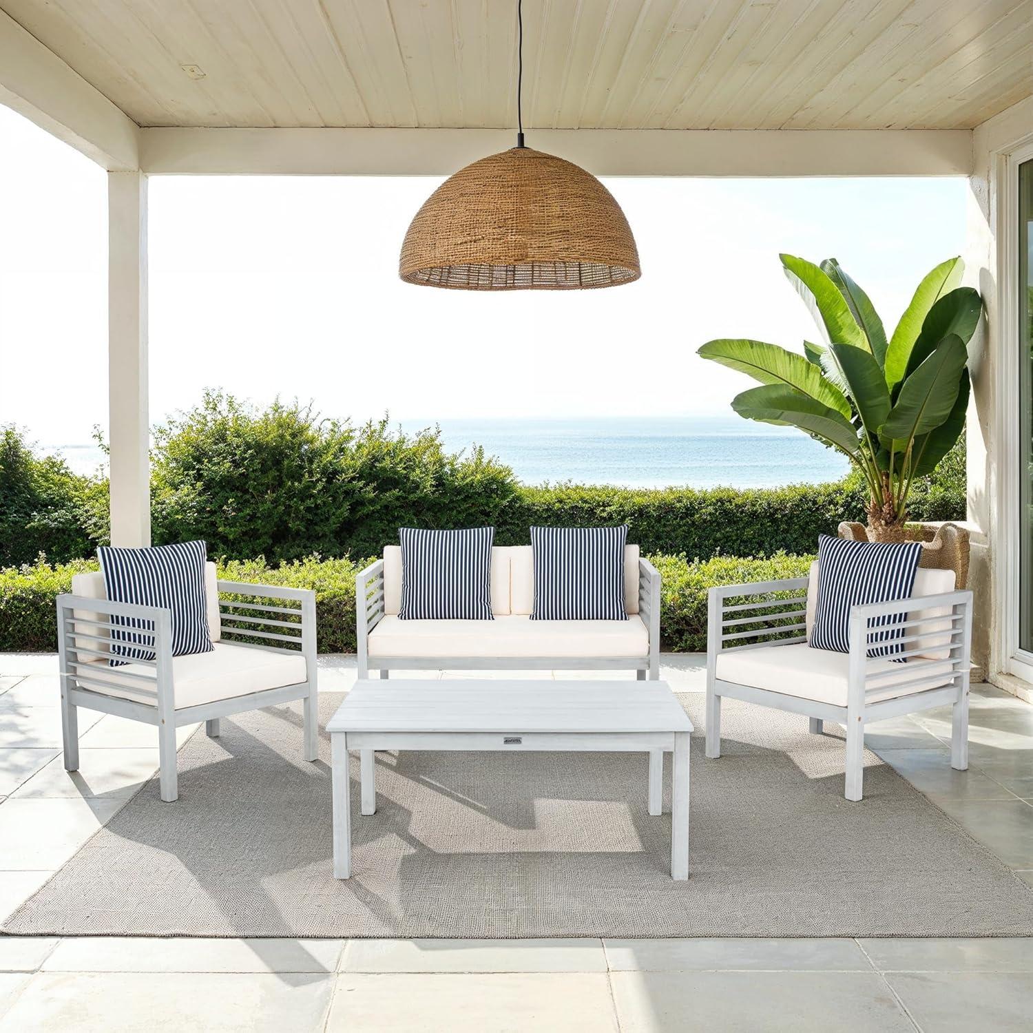 Alda 4 Piece Set - Indoor/Outdoor - PAT7033 - Grey/Beige + Thin Stripe Pillow - Safavieh