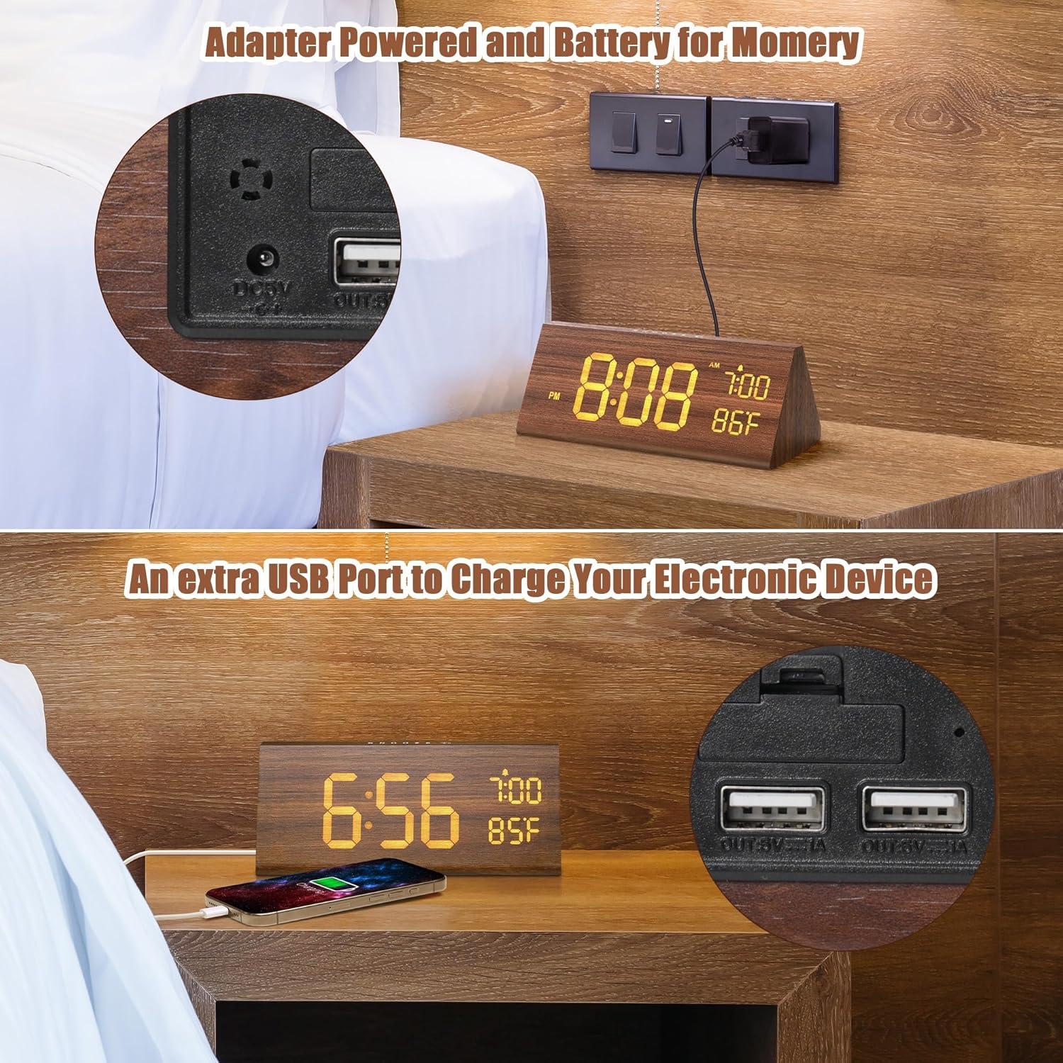 Digital Alarm Clock, with Wooden Electronic LED Time Display, Alarm Settings, Humidity & Temperature Detect, Wood Made Electric Clocks for Bedroom, Bedside,brown，G169865