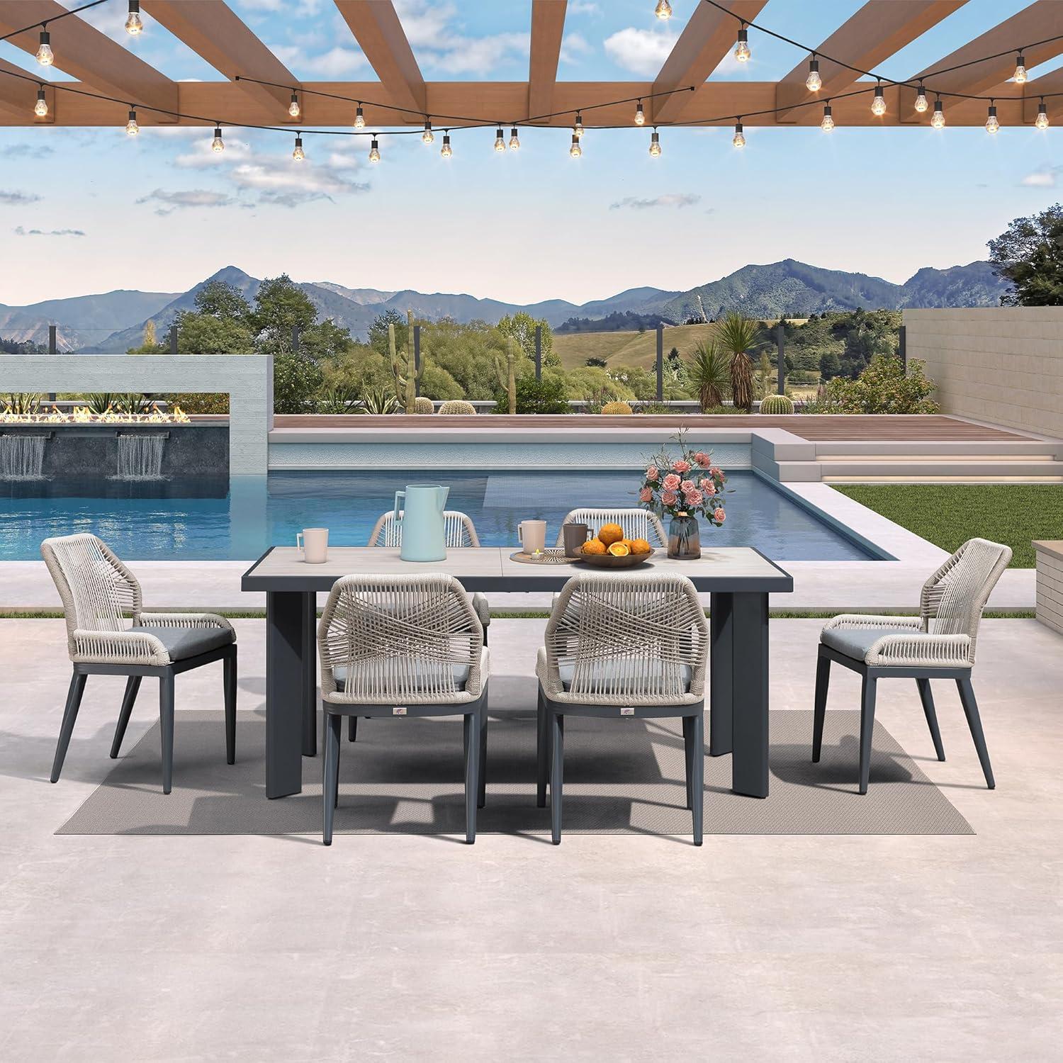 PURPLE LEAF 7 Pieces Patio Dining Set Aluminum Rectangular Table and Wicker Chairs with Cushions for Kitchen Porch Garden Modern Outdoor Furniture Sets, Beige and Dark Grey