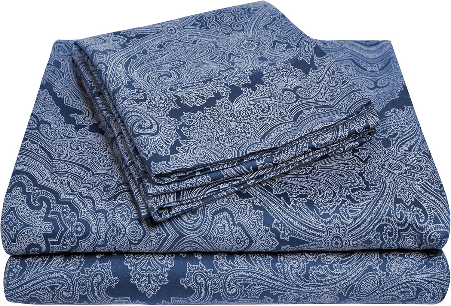 Superior Italian Paisley Cotton Blend Classic Sheet Set, Twin, Navy Blue
