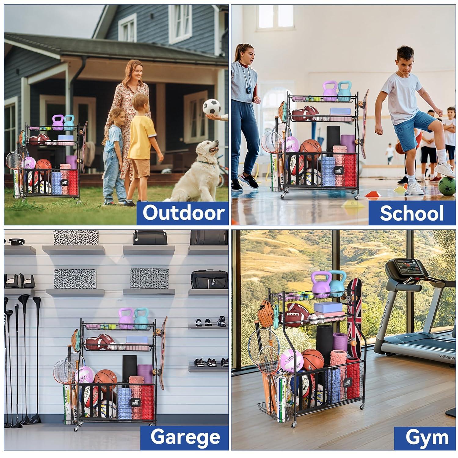 Mythinglogic Garage Storage System, Garage Organizer with Baskets and Hooks, Sports Equipment Organizer for Sports Gear/Toys,Garage Ball Storage