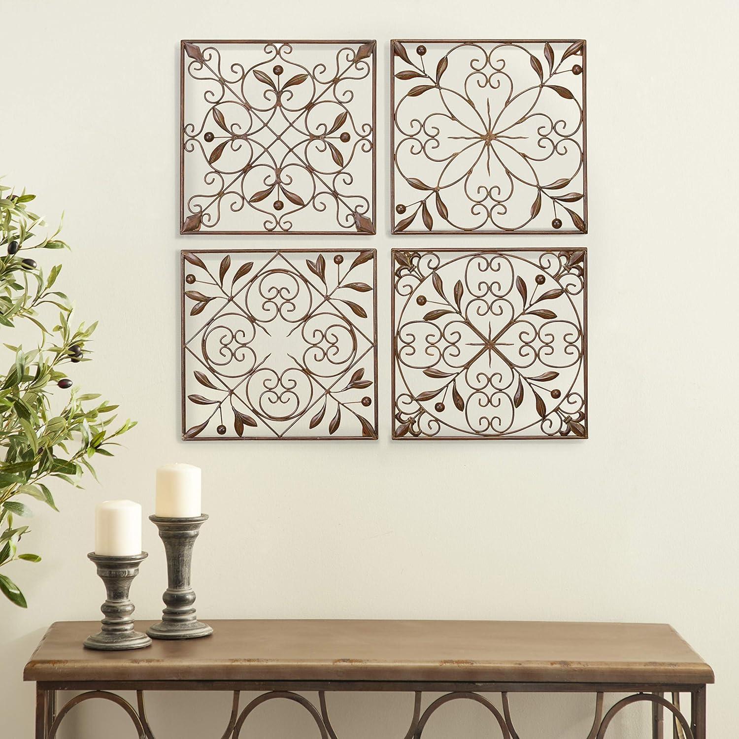 DecMode Rustic Brown Square Metal Wall Décor Set of 4 14"W x 14"H