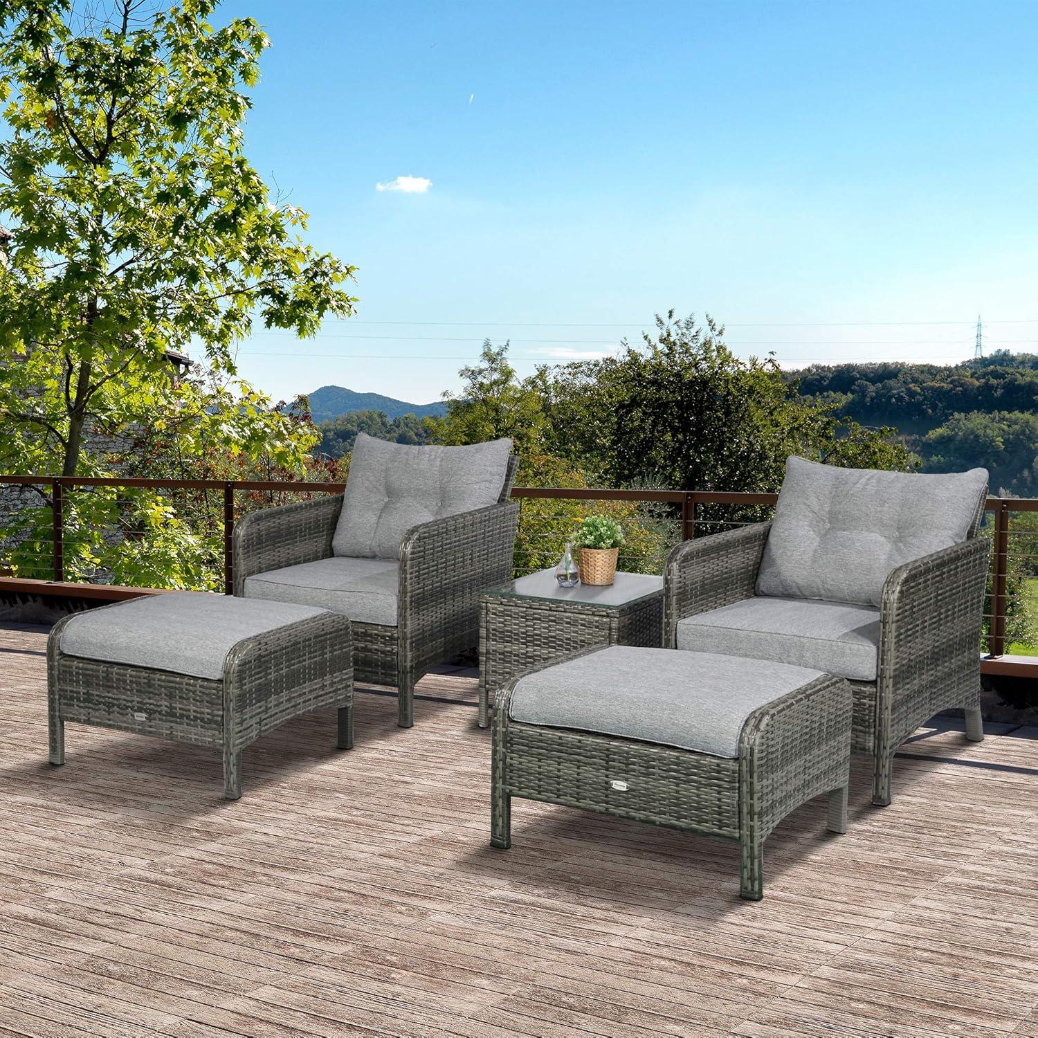 Outsunny 5 Pieces Rattan Wicker Lounge Chair Outdoor Patio Conversation Set with 2 Cushioned Chairs, 2 Ottomans & Glass Coffee Table, Gray