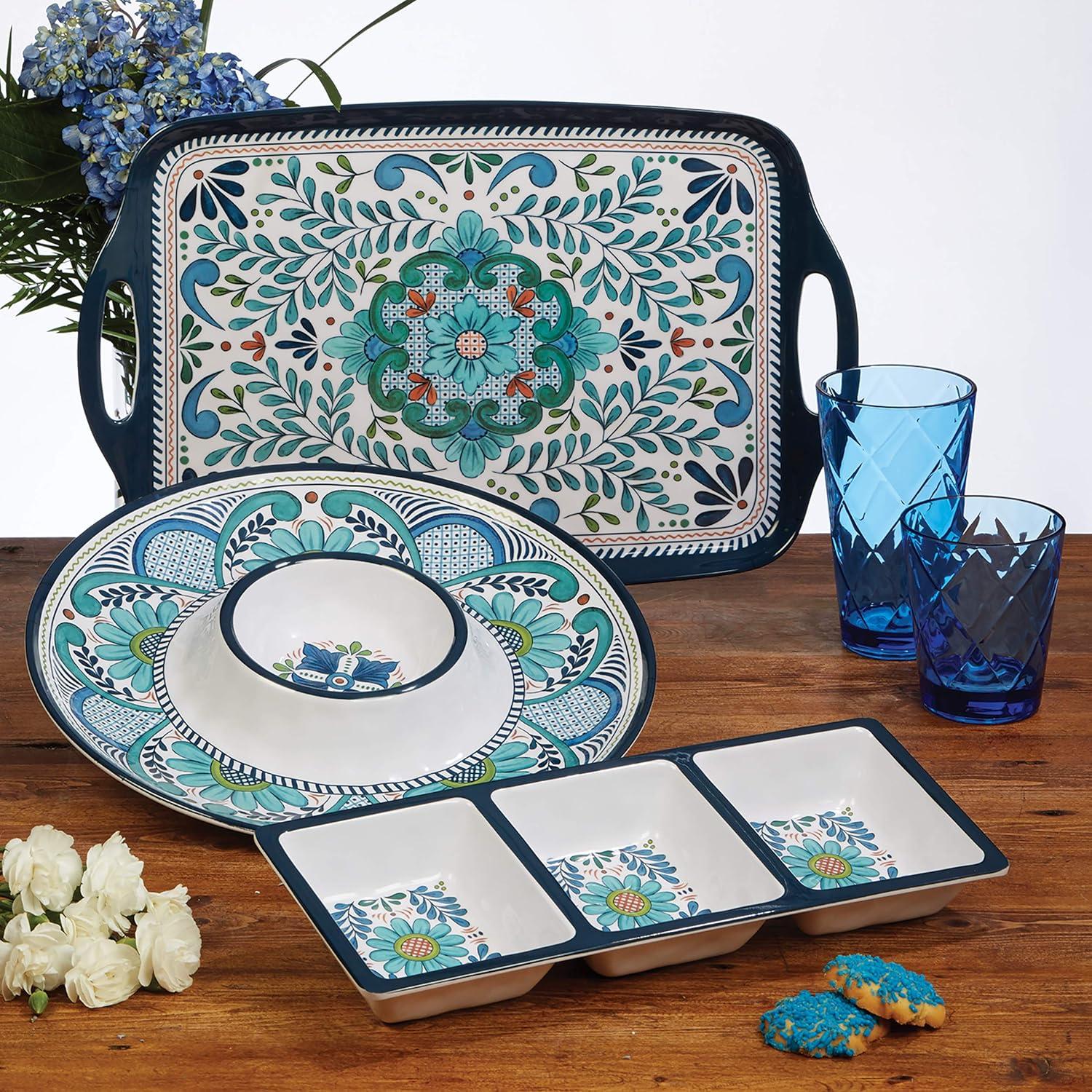 Talavera Blue and Aqua Melamine Round Serving Platters, Set of 2