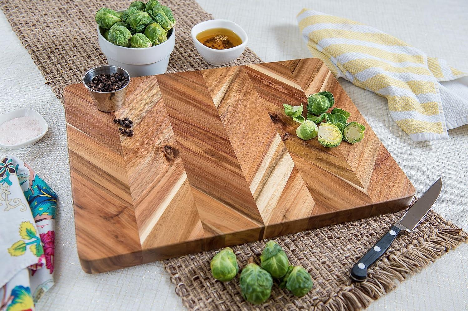 Acacia Herringbone Rectangular Cutting/Serve Board With Inset Handles And Well, Medium   ETA July