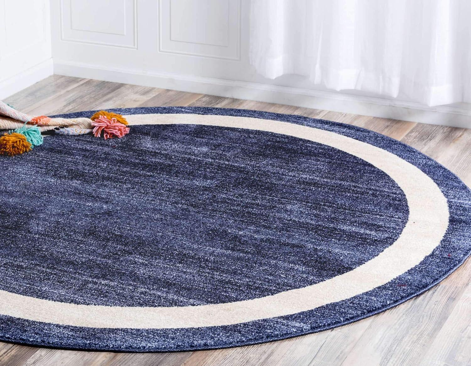 Navy Blue and Ivory Round Tufted Synthetic Area Rug