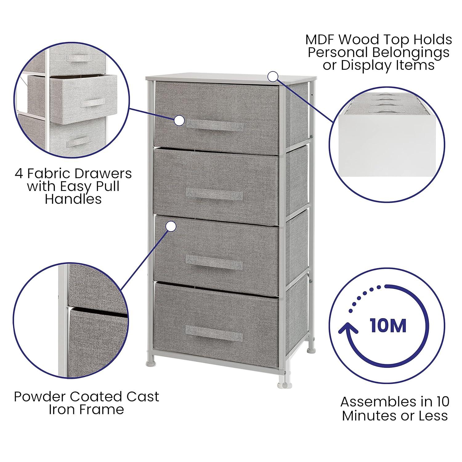 Malone 4 Drawer Vertical Storage Dresser with Wood Top & Fabric Pull Drawers