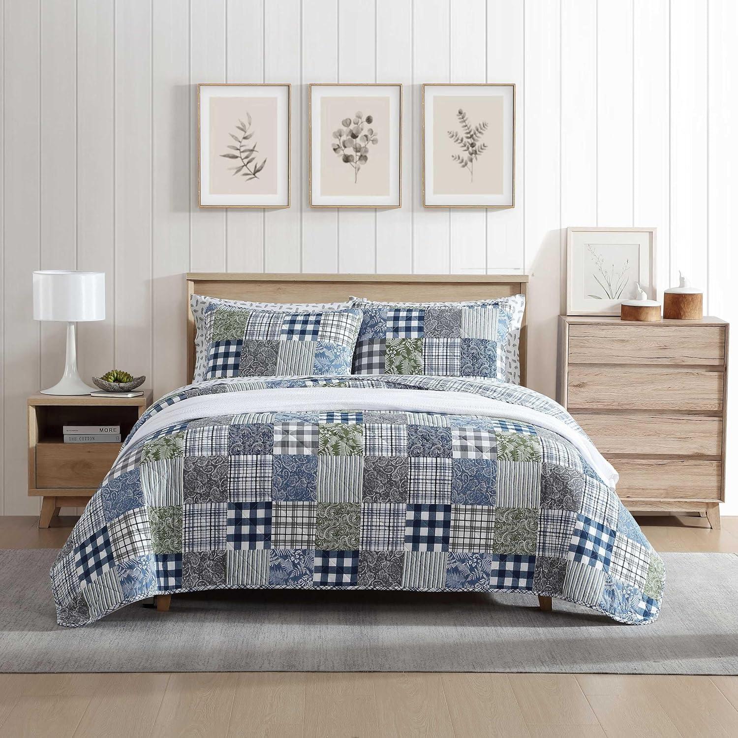 Eddie Bauer Cozy Plaid Patchwork 100% Cotton Quilt Set Blue