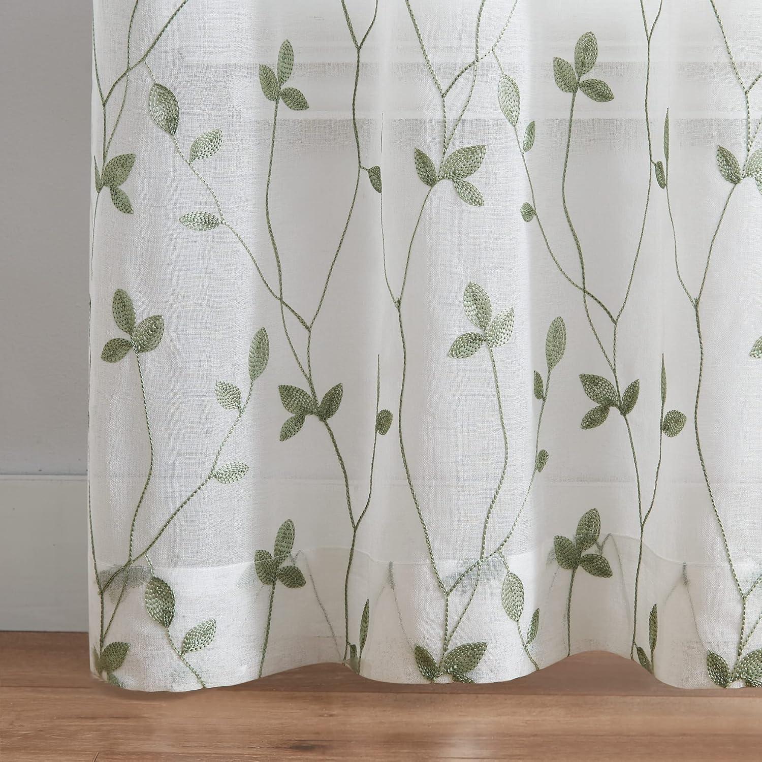 Sage Green Sheer Botanical Embroidery Rod Pocket Curtains, 84" Panel Pair