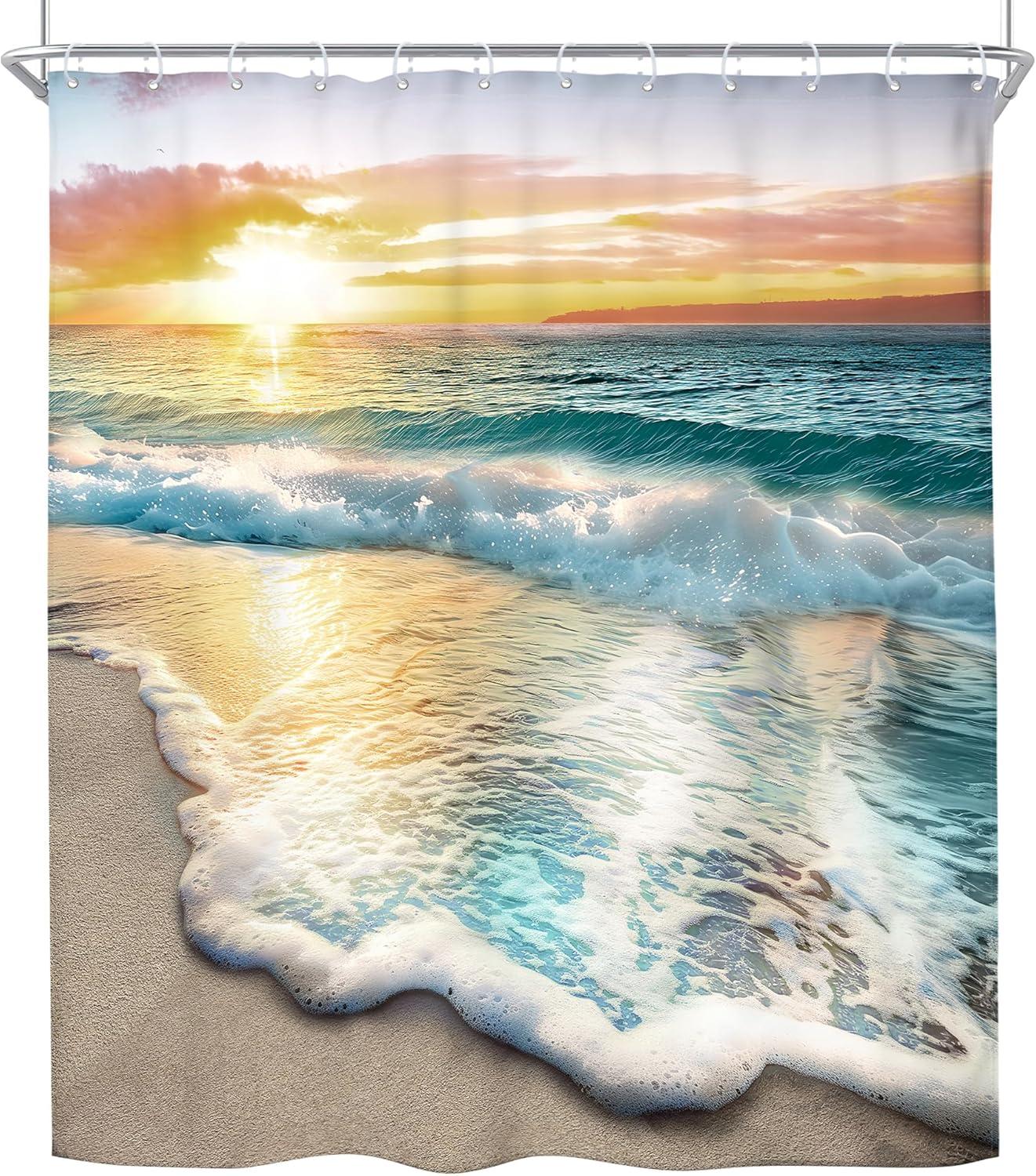 Riyidecor Beach Ocean Themed Shower Curtain Sets for Bathroom, Sunrise Sunset View Scene 71x71 Inch Hawaii Seashore Summer Coastal Seaside Seascape Cloth Fabric Decorative 12 Hooks Waterproof BB-JWXP