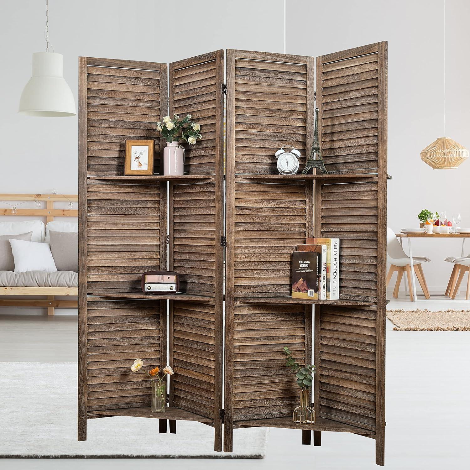 Proman Products Rancho 4 Shelf Panel Folding Screen Room Partition Paulownia Wood: Privacy Screen with Storage, No Assembly