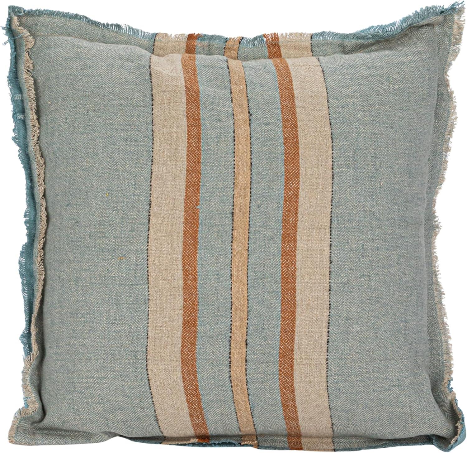 20" Blue and Beige Linen Striped Pillow with Fringe