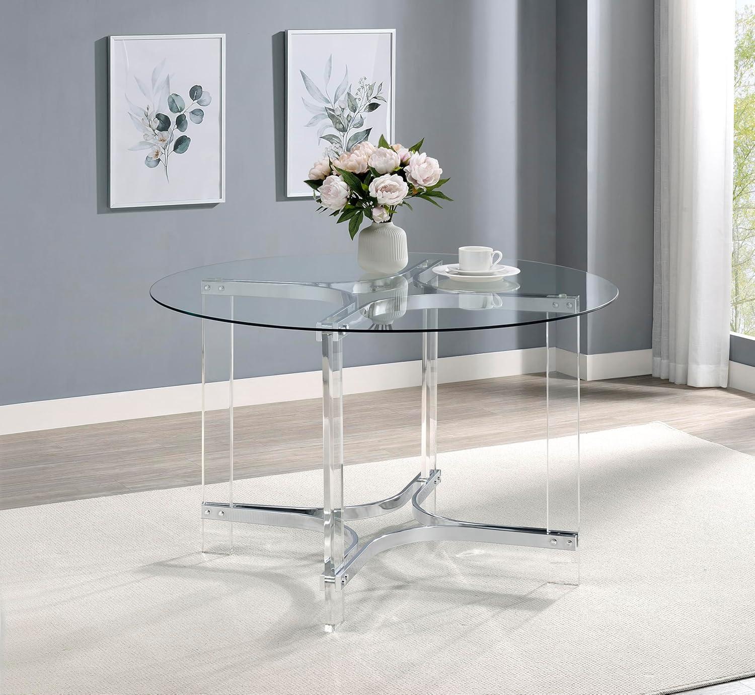 47-Inch Round Glass Top Dining Table with Chrome and Acrylic Base