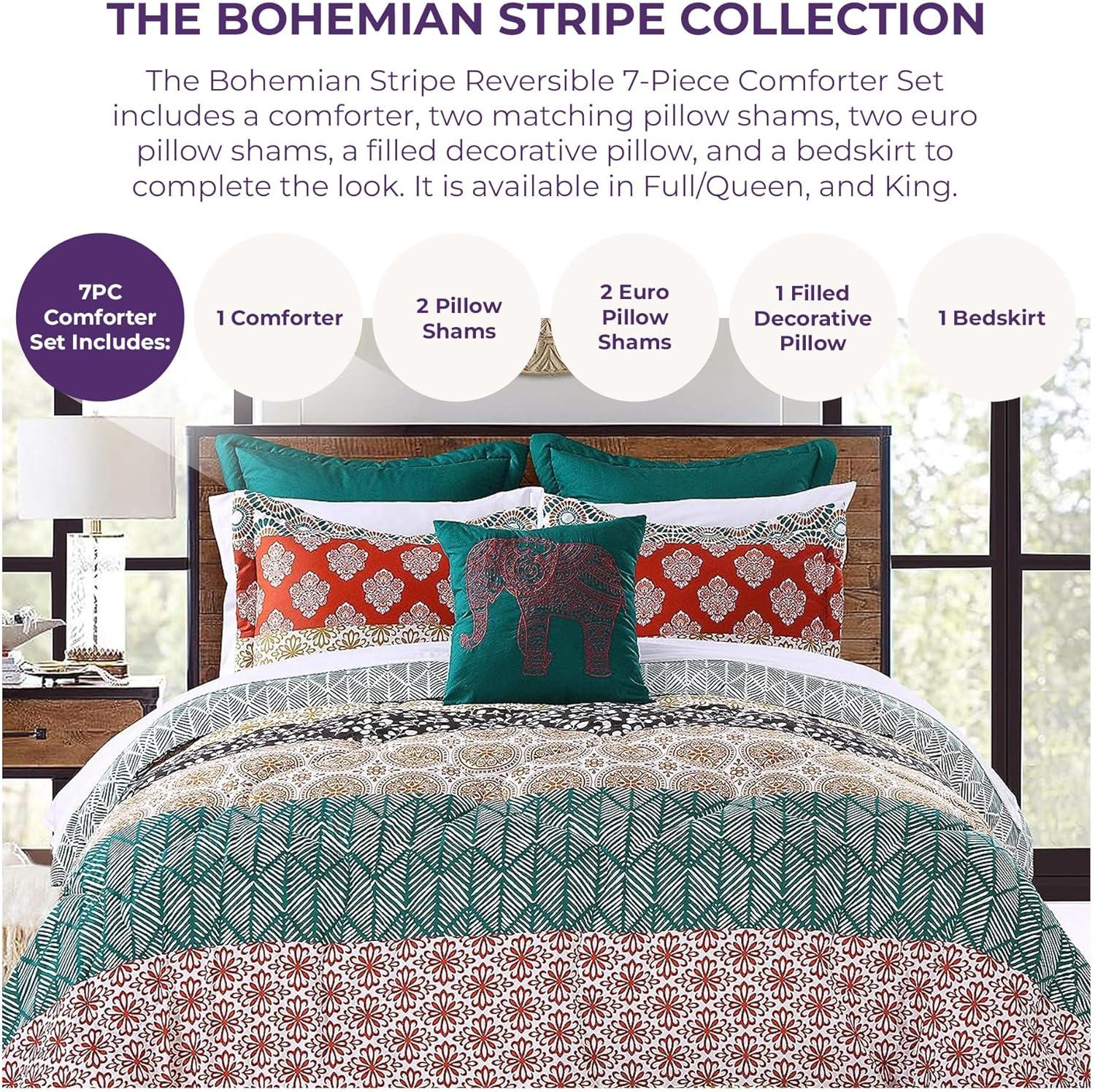 Bohemian Stripe Reversible Comforter Set Turquoise/Orange - Lush Décor